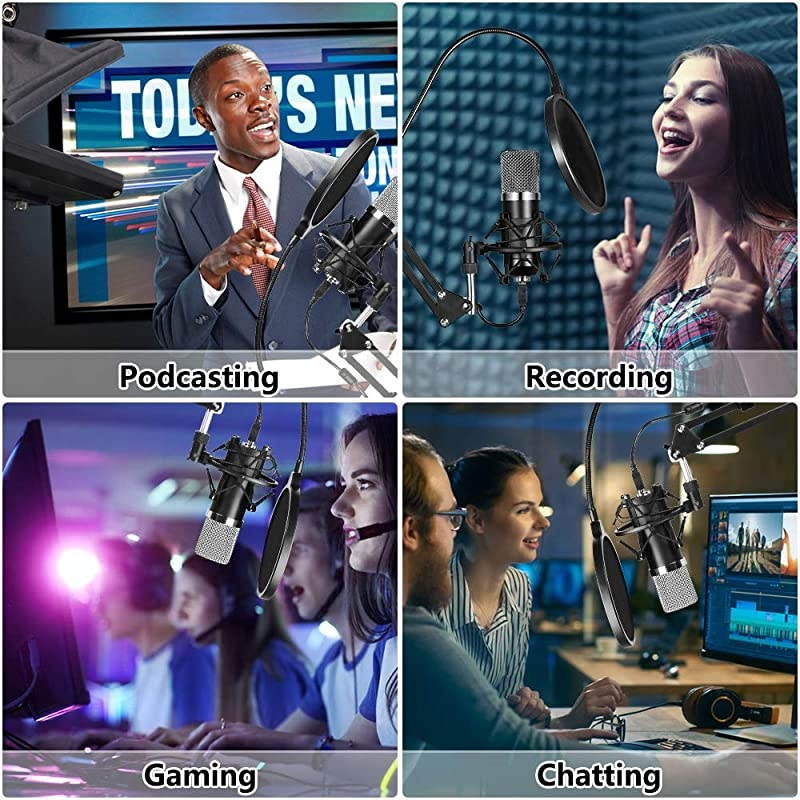 USB Streaming Podcast PC Microphone Professional Studio Cardioid Condenser Mic Kit with Sound Card Boom Arm Shock Mount Pop Filter for Skype Youtuber Gaming Recording