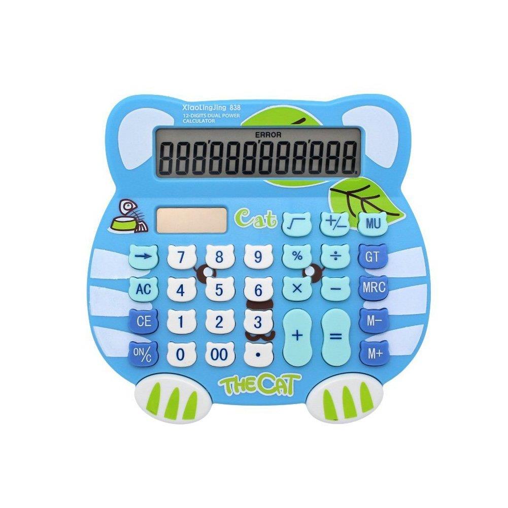 Loghot Adorable Creative 12 Digits Solar Dual Power Cartoon Cat Shape LCD Display Desktop Calculator with Big Screen Blue