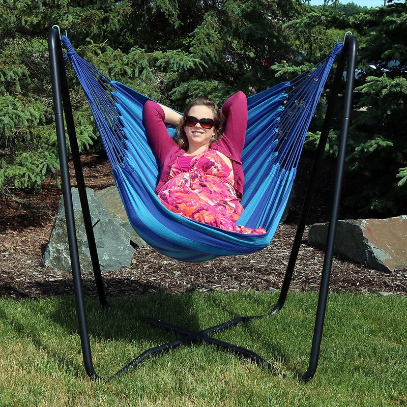 Sunnydaze Hanging Rope Hammock Chair Swing with Space-Saving Stand - 330 lb Weight Capacity - Beach Oasis