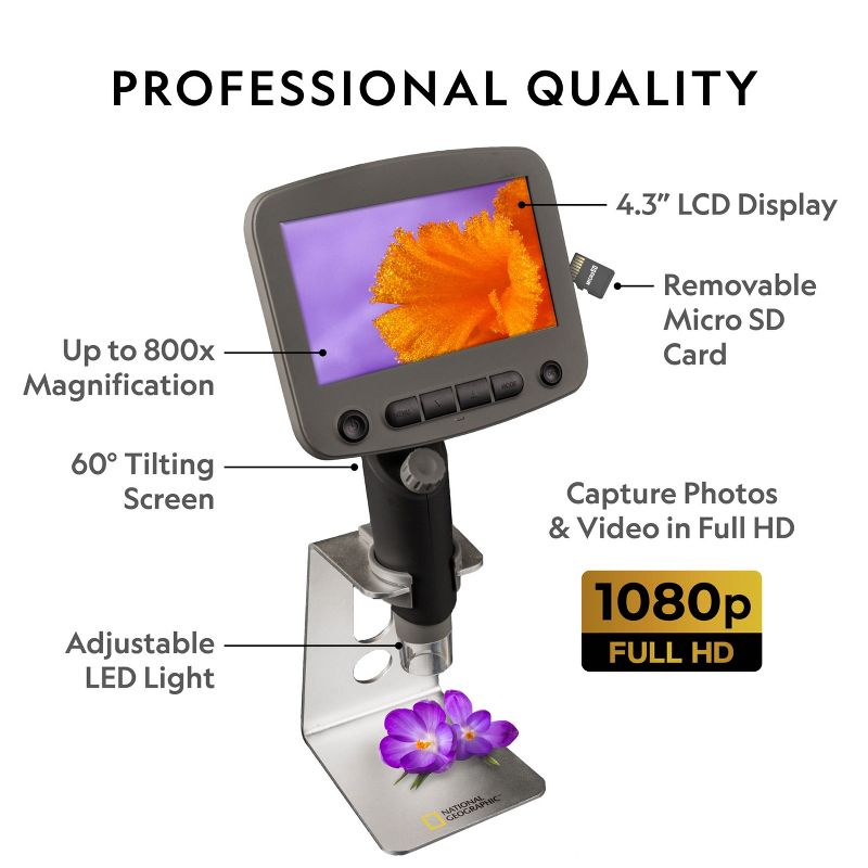 NATIONAL GEOGRAPHIC Digital Handheld Microscope for Kids, 40-Pc Set, Capture 1080p Photos & Video on Micro SD Card, Tilting LCD Screen, 800x Magnification