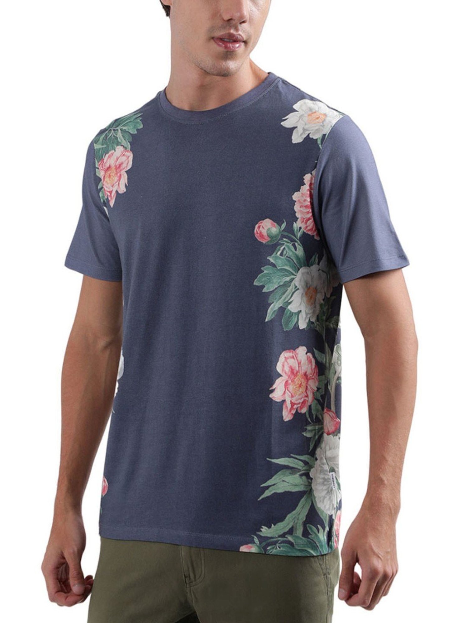 Lindbergh Blue Cotton Regular Fit Printed T-Shirt