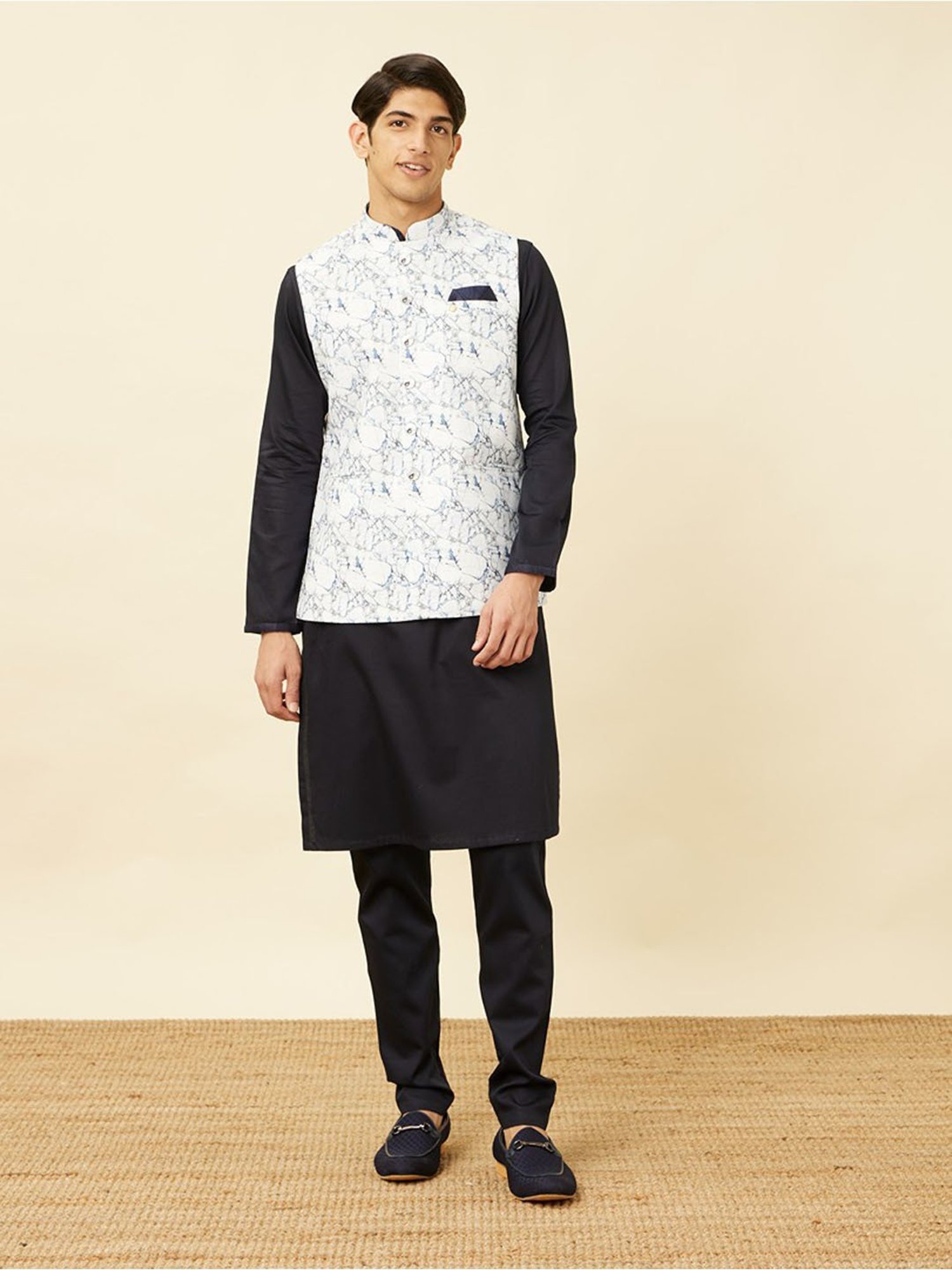 Manyavar White Regular Fit Printed Nehru Jacket