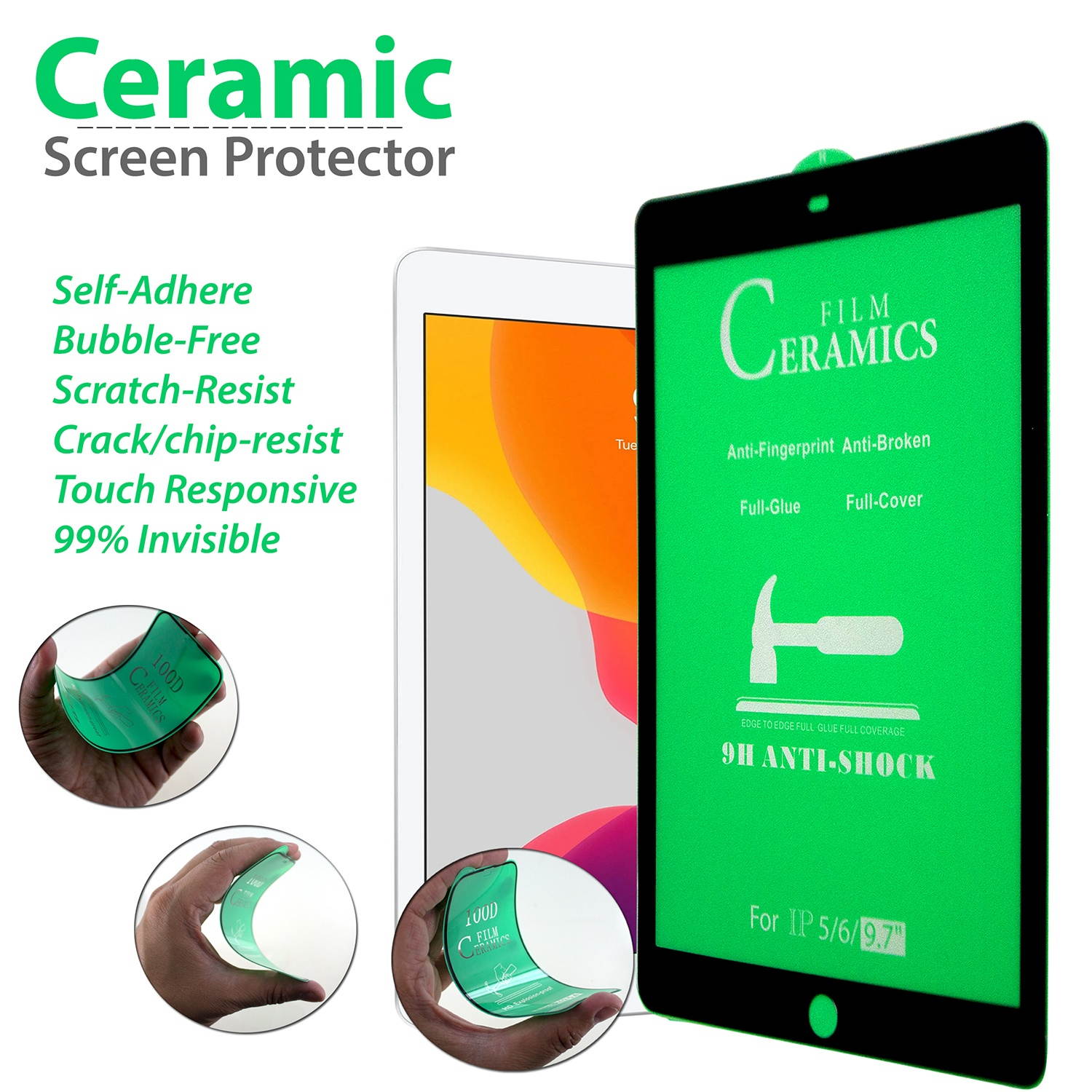 KIQ Shockproof Heavy Duty Shield Case with Impact/Crack/Shatter Resistant Ceramic Screen Protector for Apple iPad 9.7 5th 6th Generation (Blue)