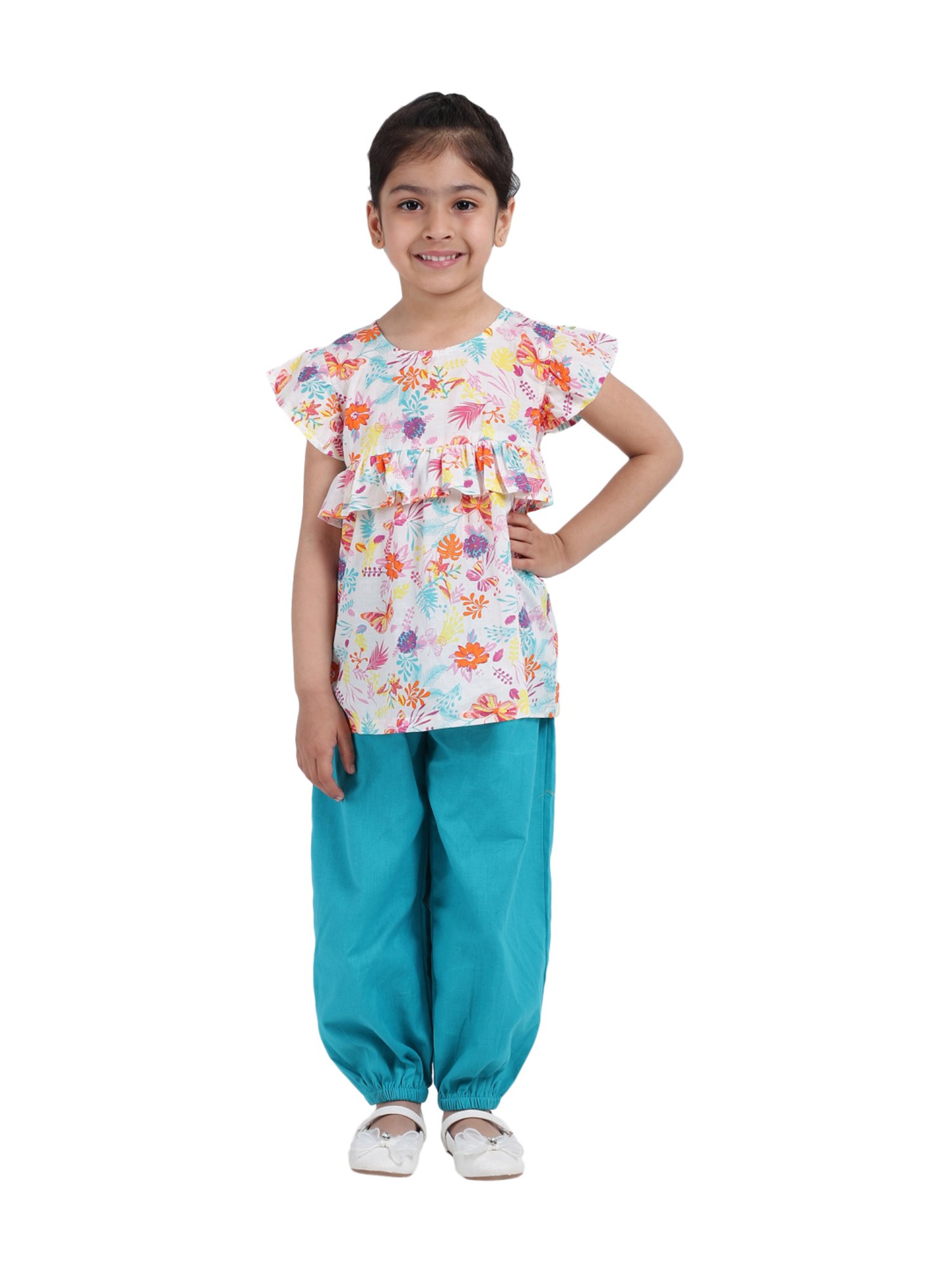 BownBee Kids Blue & White Cotton Floral Print Kurta & Harem Pants