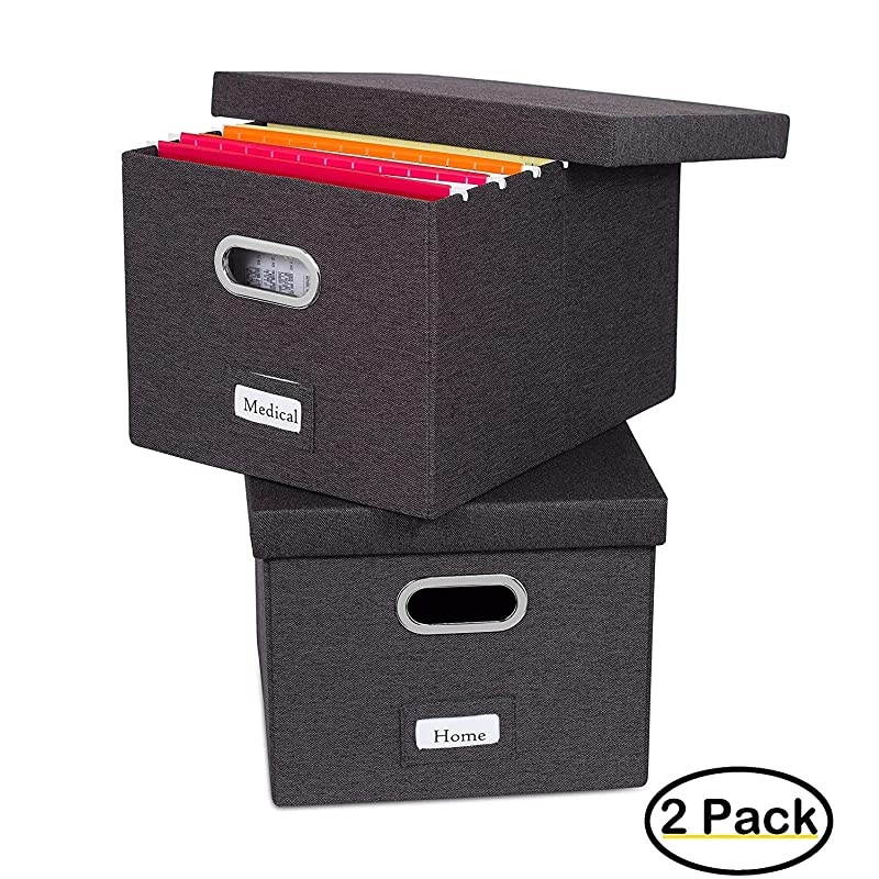 Collapsible File Storage Organizer with Lid Decorative Linen Filing Storage Office Box Hanging LetterLegal Folder Home Office Bins Cabinet Charcoal Container 2 Pack