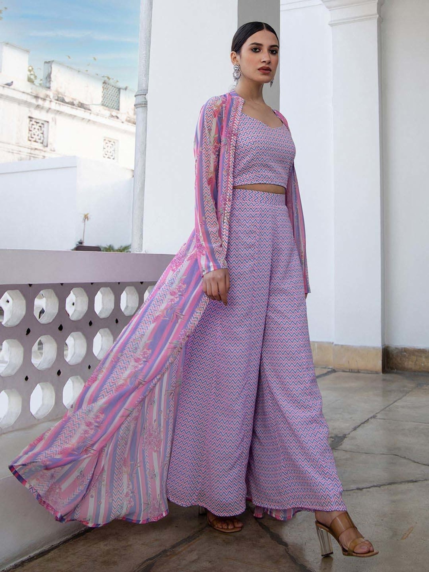 Janasya Purple & Pink Printed Top Palazzo Set With Jacket