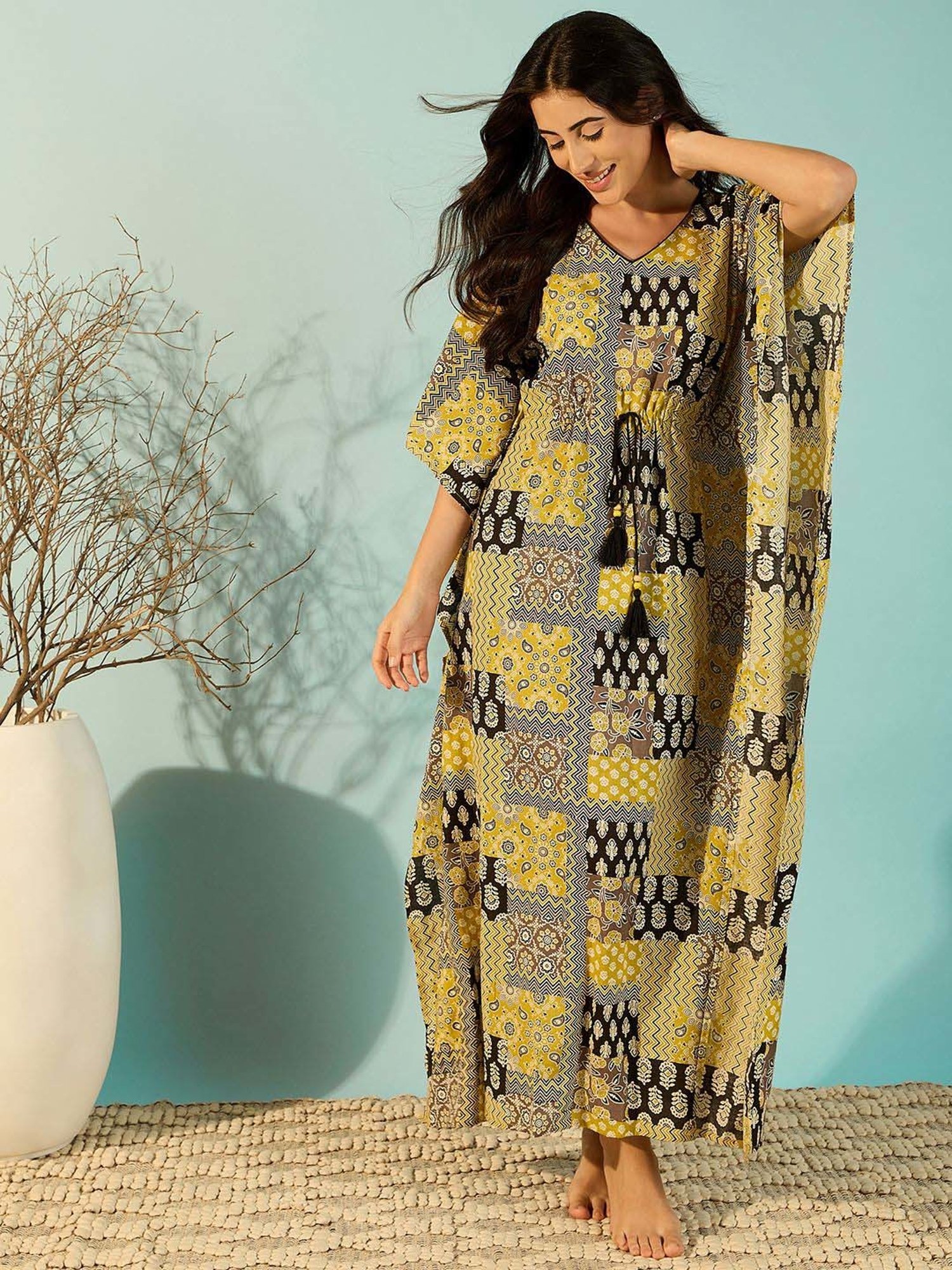 The Kaftan Company Yellow Cotton Printed Kaftan