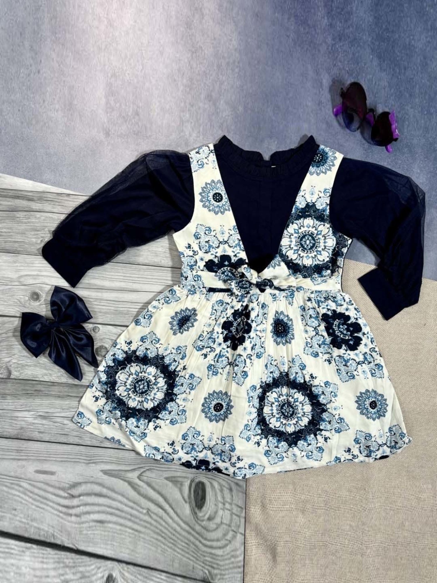 Bella Moda Kids Navy & White Cotton Printed Full Sleeves Dress