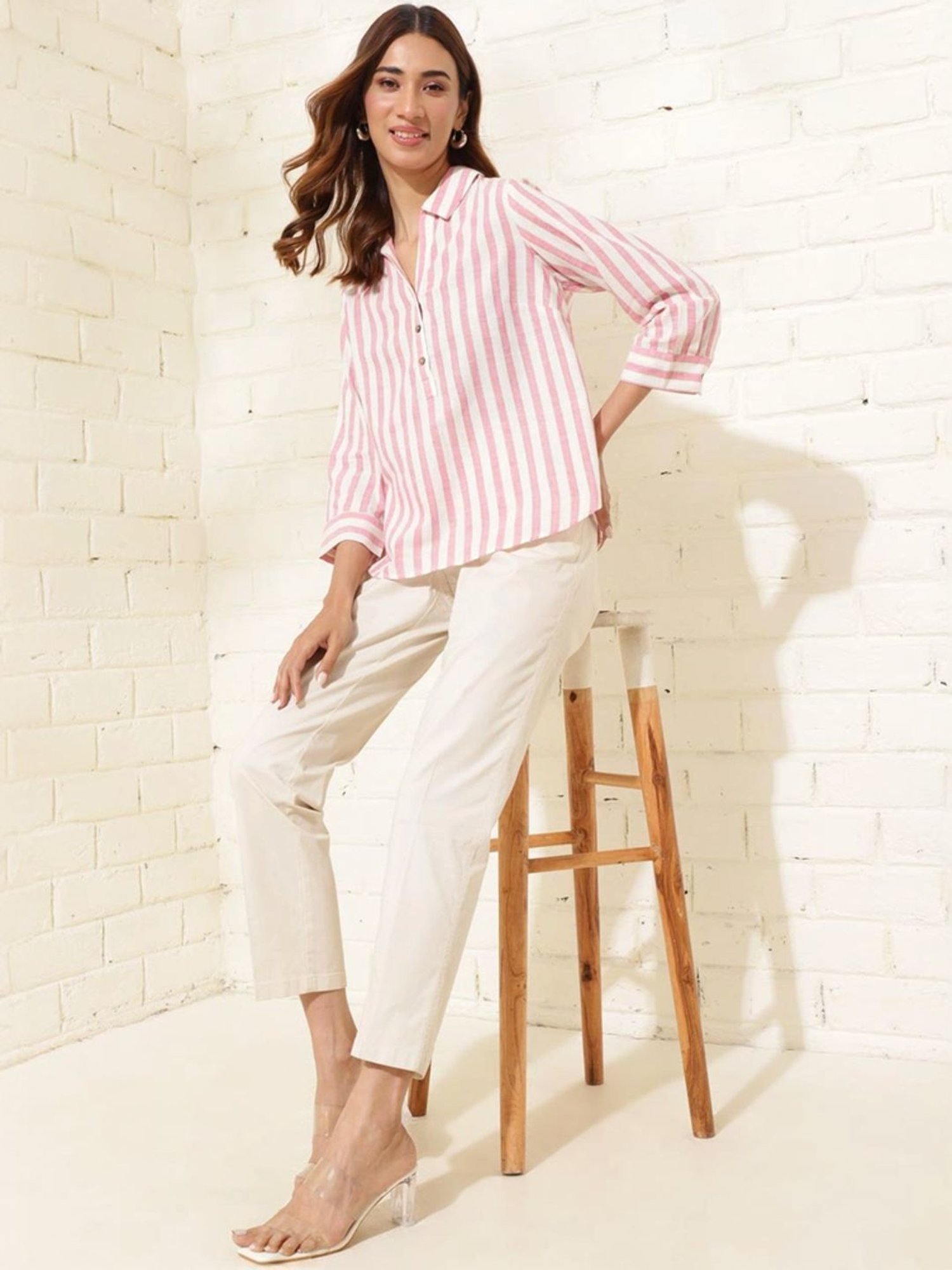 Fabindia White & Pink Cotton Striped Top