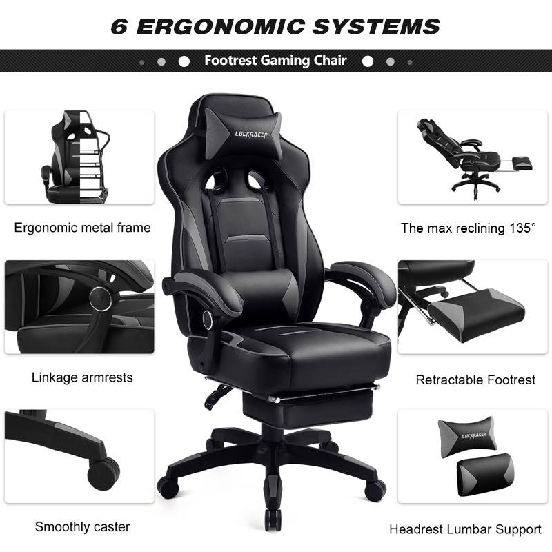 Luckracer Gaming Chair Office Desk Chair with Footrest Pu Leather High Back Adjustable Swivel Lumbar Support Racing Style E-Sports Gamer Chairs