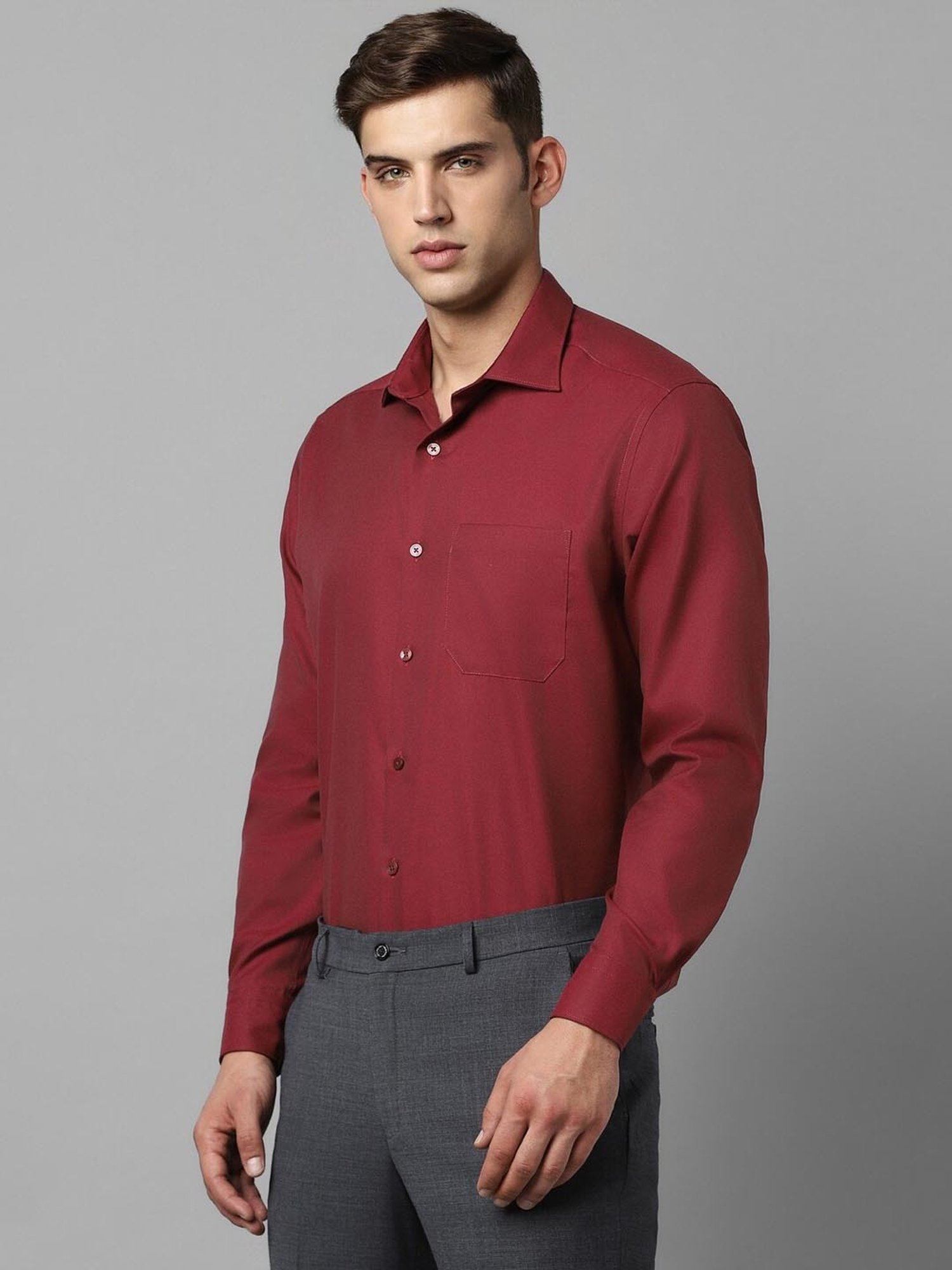 Louis Philippe Permapress Maroon Cotton Regular Fit Shirt