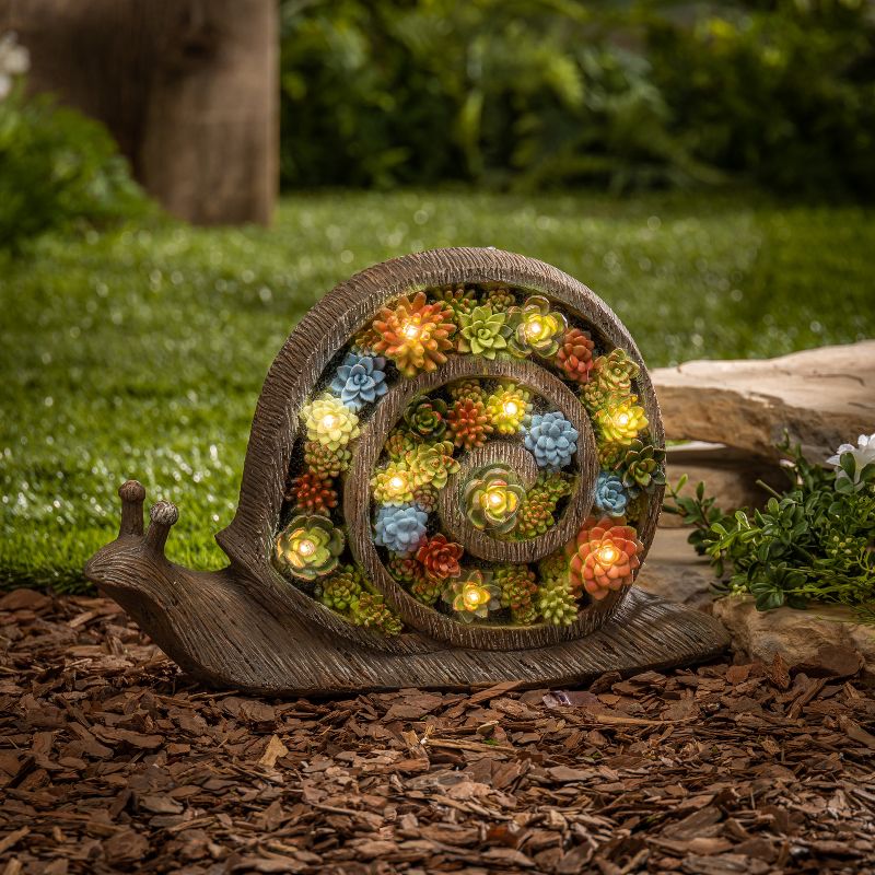 GIL 16.6" Solar Lighted Resin Garden Snail with Succulent Details