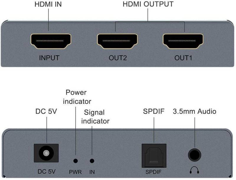 HDMI2.0 Splitter 1 in 2 Out with HDMI 1X2 Audio Extractor + Optical and 3.5mm Audio Output Powered Splitter 1 Source onto 2 Displays Support 3D 4K60HZ for PS4 Xbox One DVD Blu-ray Player TV Projector