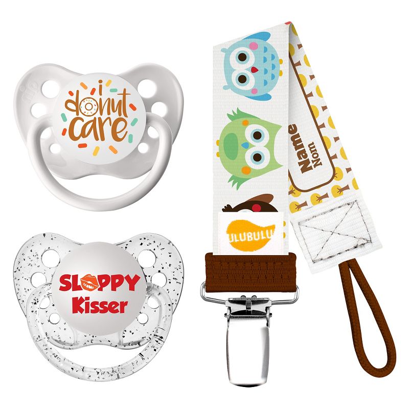 Ulubulu 2 pk Pacifiers I Donut Care & Sloppy Kisser with 1 pk Owl Pacifier Clip (0-6 Months)