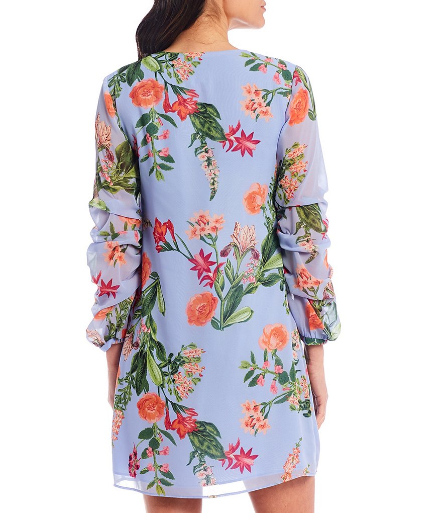 Vince Camuto Shirred Long Sleeve Floral Chiffon Shift Dress