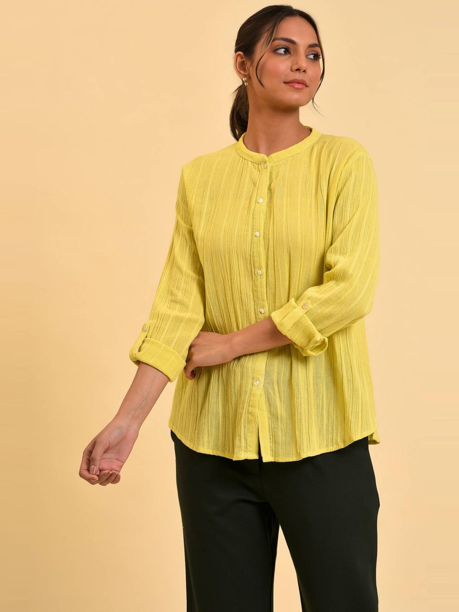 W Yellow Cotton Striped Top