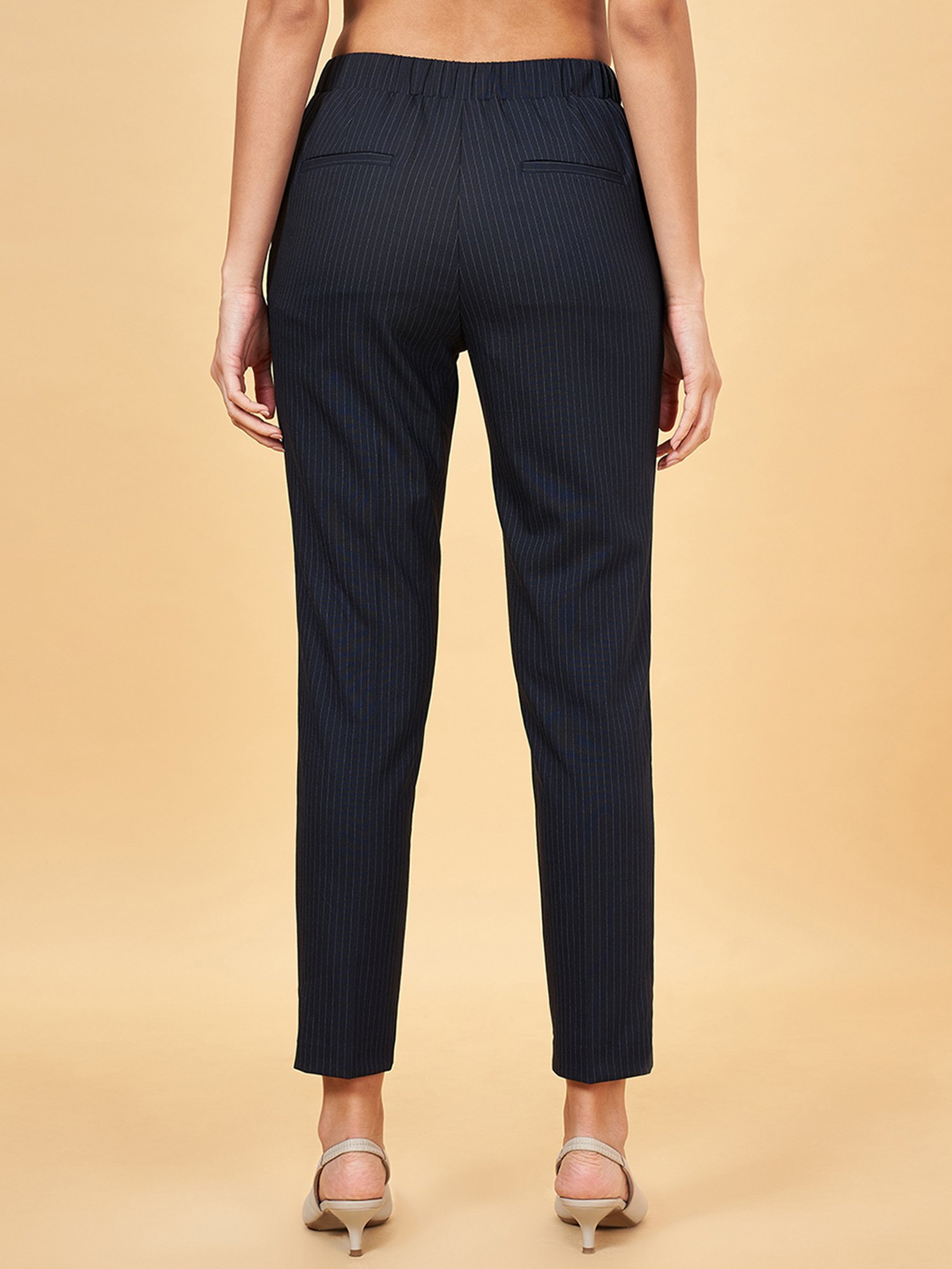Annabelle by Pantaloons Black Striped Formal Trousers