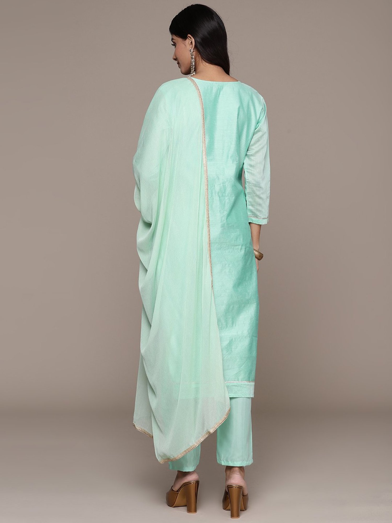 Ishin Sea Green Embroidered Kurta With Pant & Dupatta