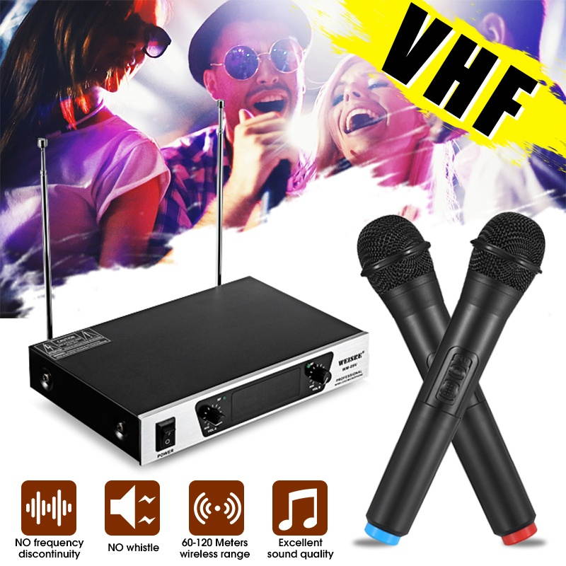 VHF 2 Channel Dual Handheld Karaoke Professional Wireless Microphone System Stage Performances EU Plug - Black