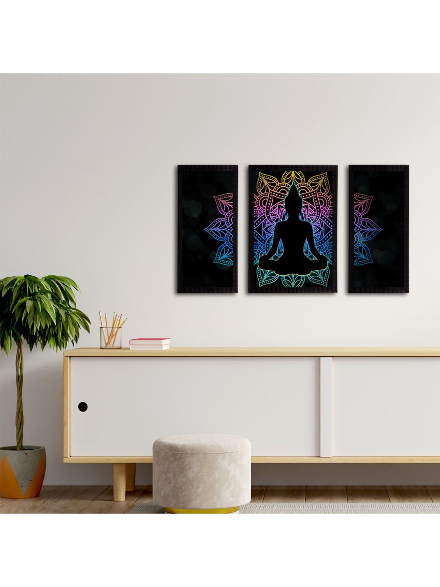 eCraftIndia Set of 3 Meditating Lord Buddha Satin Matt Textured UV Art Painting