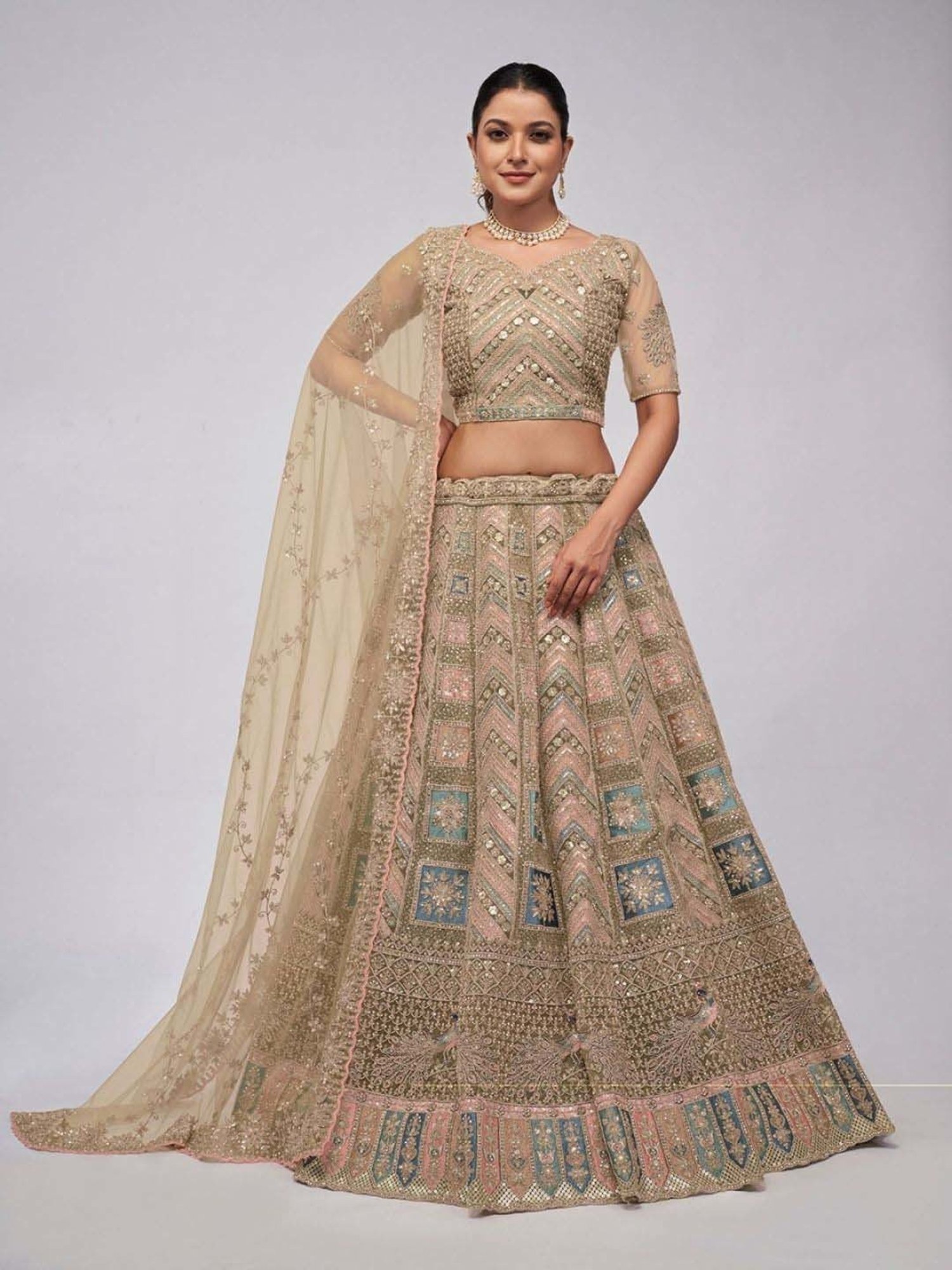 Odette Beige Embroidered Semi-Stitched Lehenga Choli Set with Dupatta