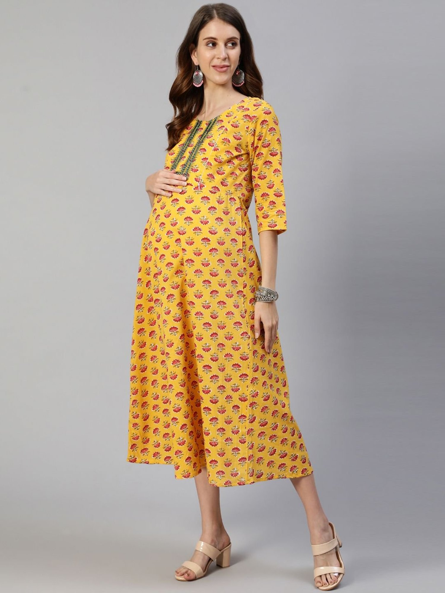 Anubhutee Yellow Cotton Embellished Maternity Dress