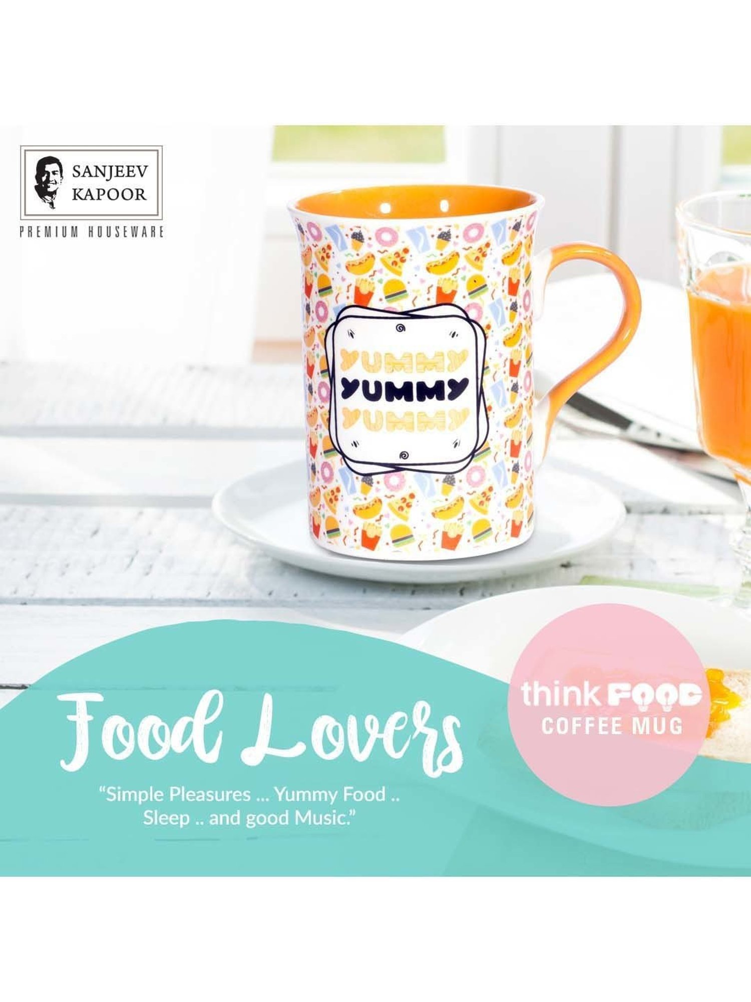 Clay Craft Think Food White & Yellow Ceramic Coffee Mug (0.35 L) - Set of 1