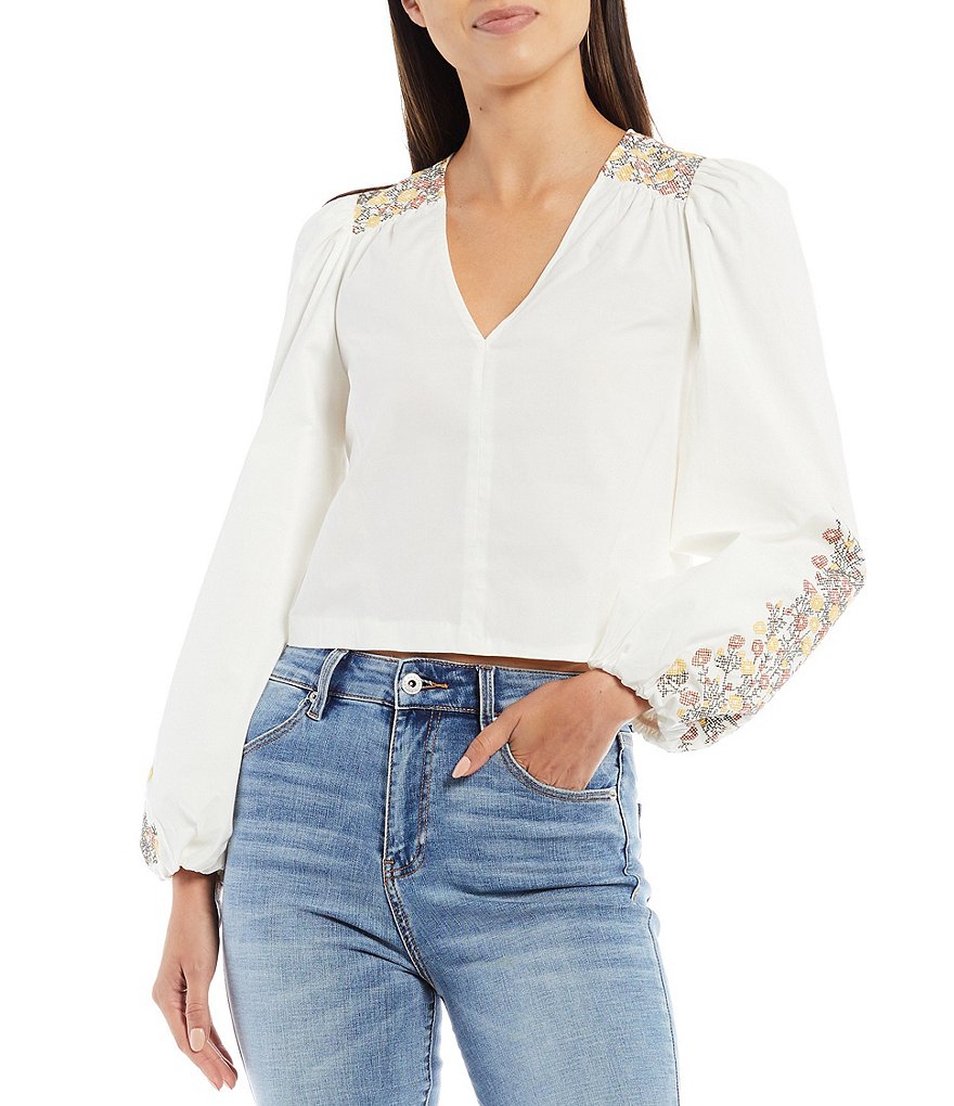 Chelsea & Violet Floral Embroidered V-Neck Long Sleeve Top