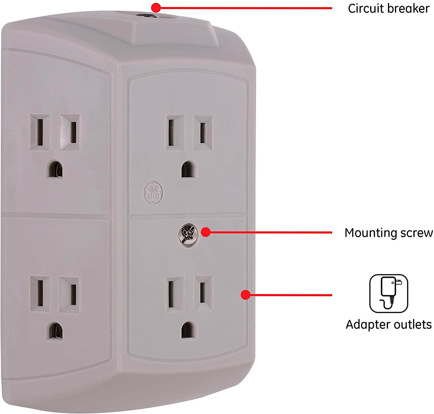 GE Pro 6 Outlet Surge Protector Adapter Spaced Tap, 3-Prong Power Strip, Charging Station, Side Access, White, 43648