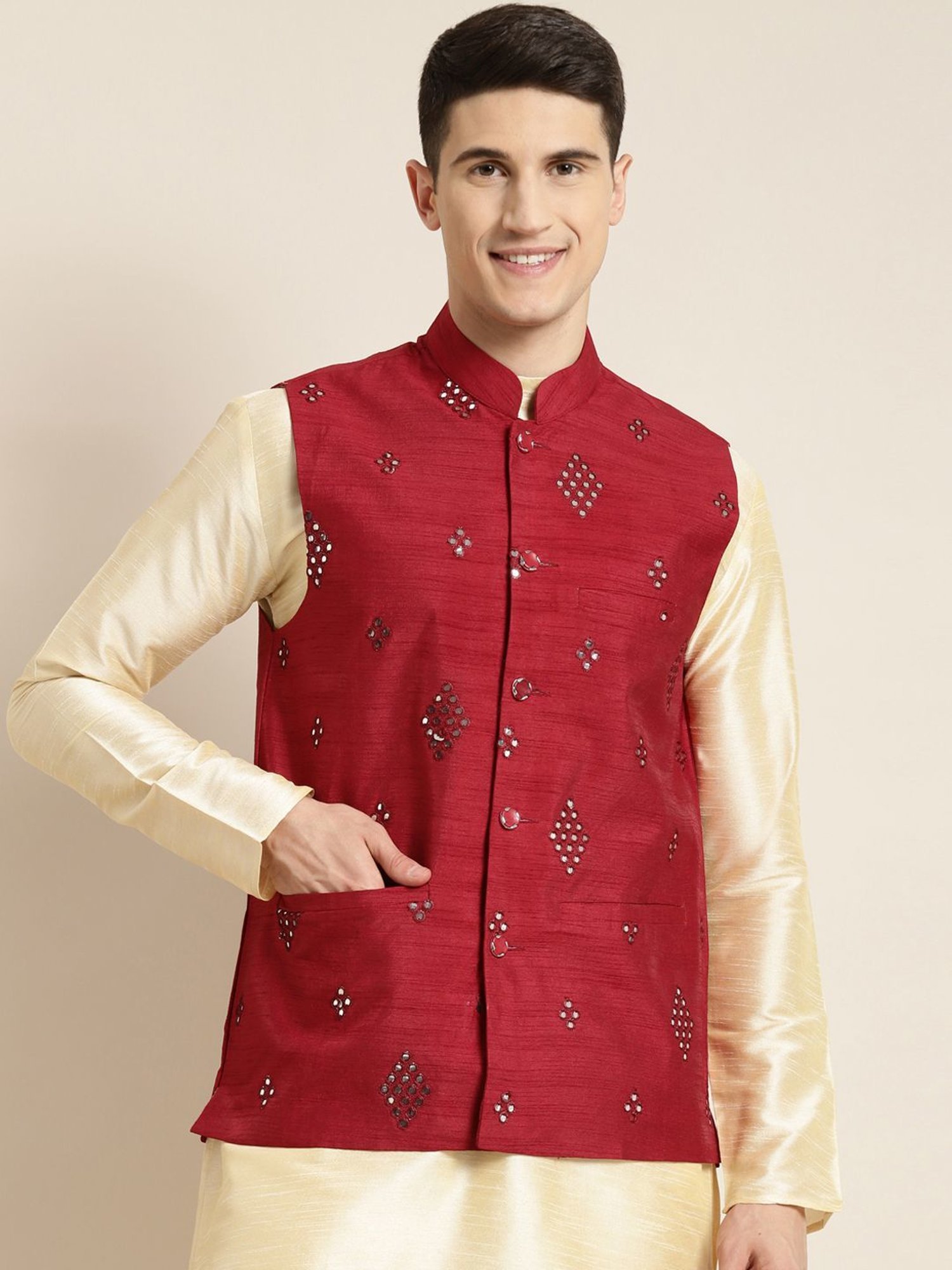 Sojanya Red Regular Fit Self Pattern Nehru Jacket