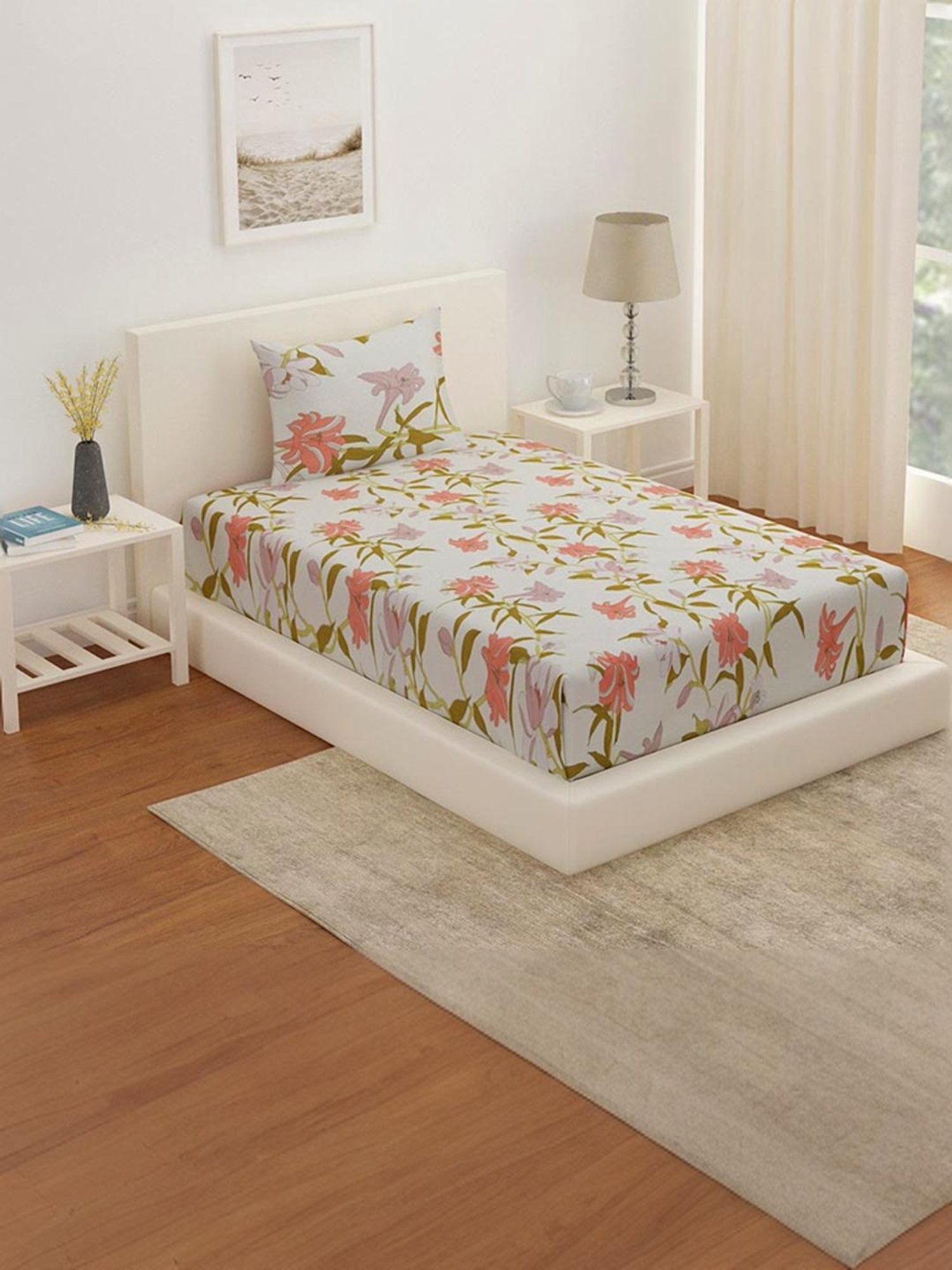 @Home Arias Multicolor 225 TC Cotton Satin Single Bedsheet with 1 Pillow Cover