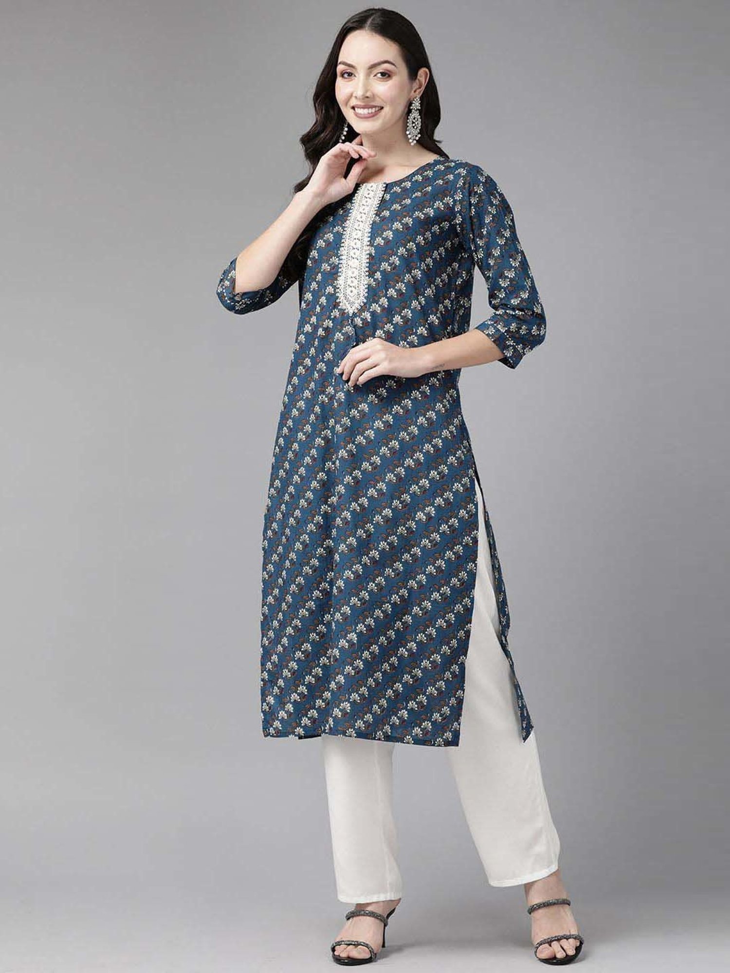 Cayman Blue Cotton Floral Print Straight Kurta