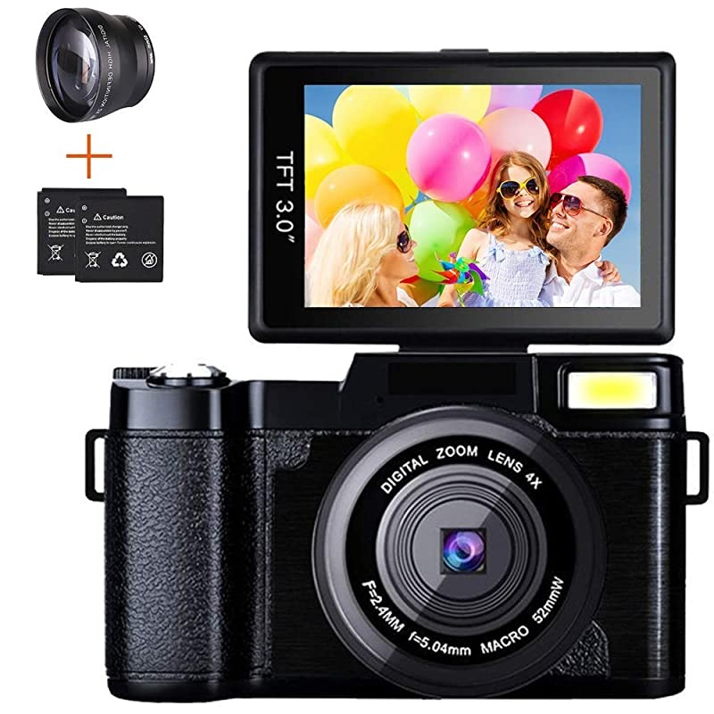 Digital Camera Camcorder,  Full HD 1080P 24.0MP Video Camera 3.0 Inch Flip Screen Vlogging Camera Camcorder with Retractable Flashlight for YouTube (Two Batteries Included)