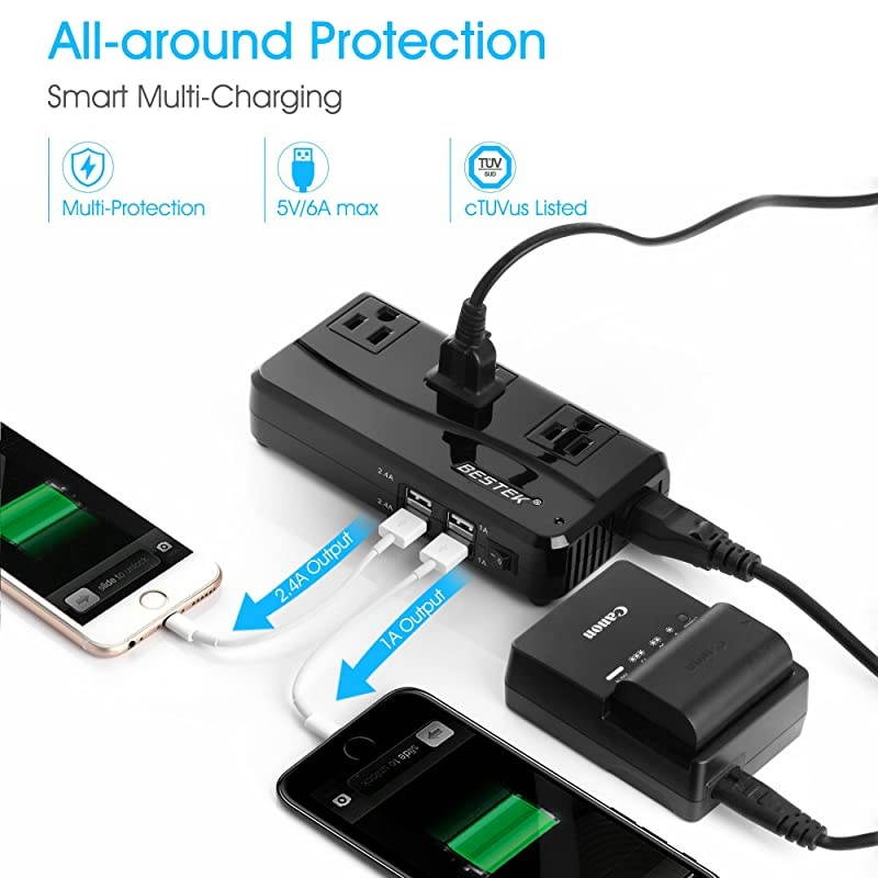 200W Power Converter 3Outlet and 4Port USB Travel Voltage Transformer 220V to 110V with Type GDMAUUS Travel Plug Adapters