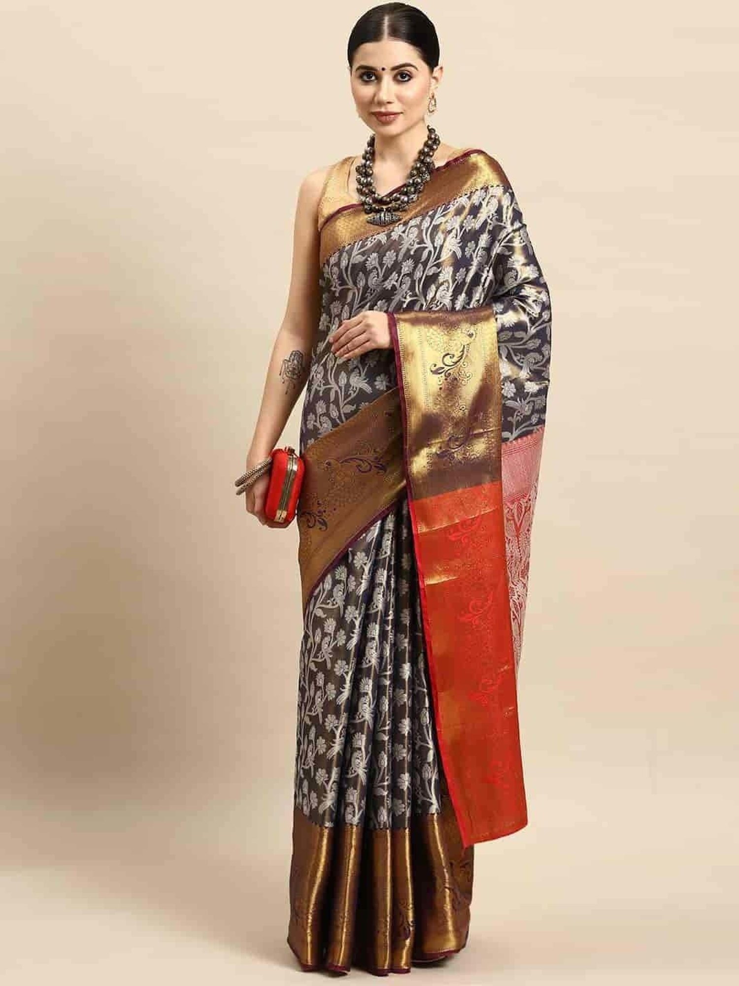 Silk Land Navy Woven Saree With Unstitched Blouse