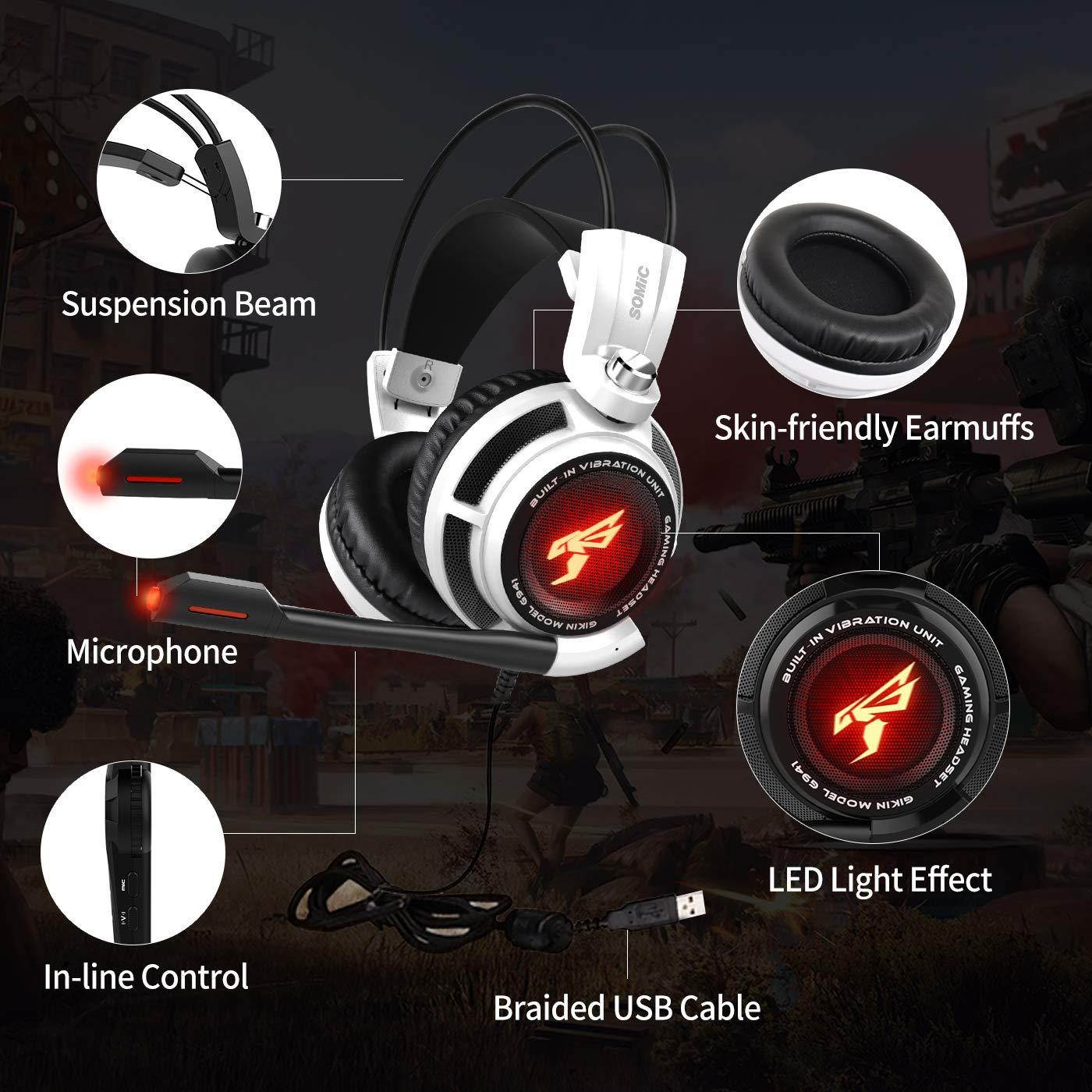 SOMIC G941 Gaming Headset for PS4, PC and Lapto: 7.1 Virtual Surround Sound with Omnidirectional Mic & Volume Control | LED, USB, Lightweight & Comfortable Over Ear Headphones for Professional Gamers
