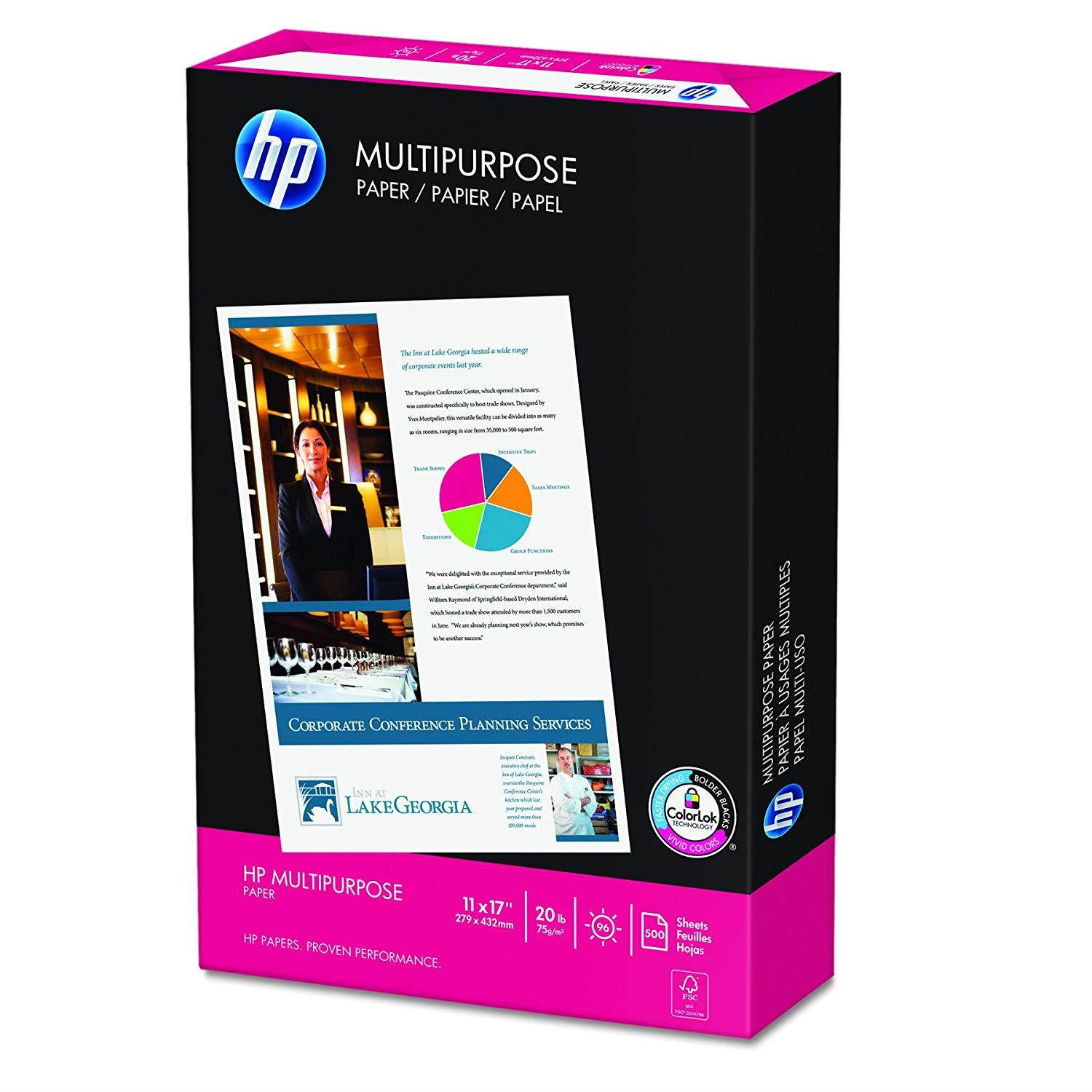 HP Printer Paper, Multipurpose20, 11 x 17, Ledger, 20lb, 96 Bright, 500 Sheets / 1 Ream (172001R) Made In The USA