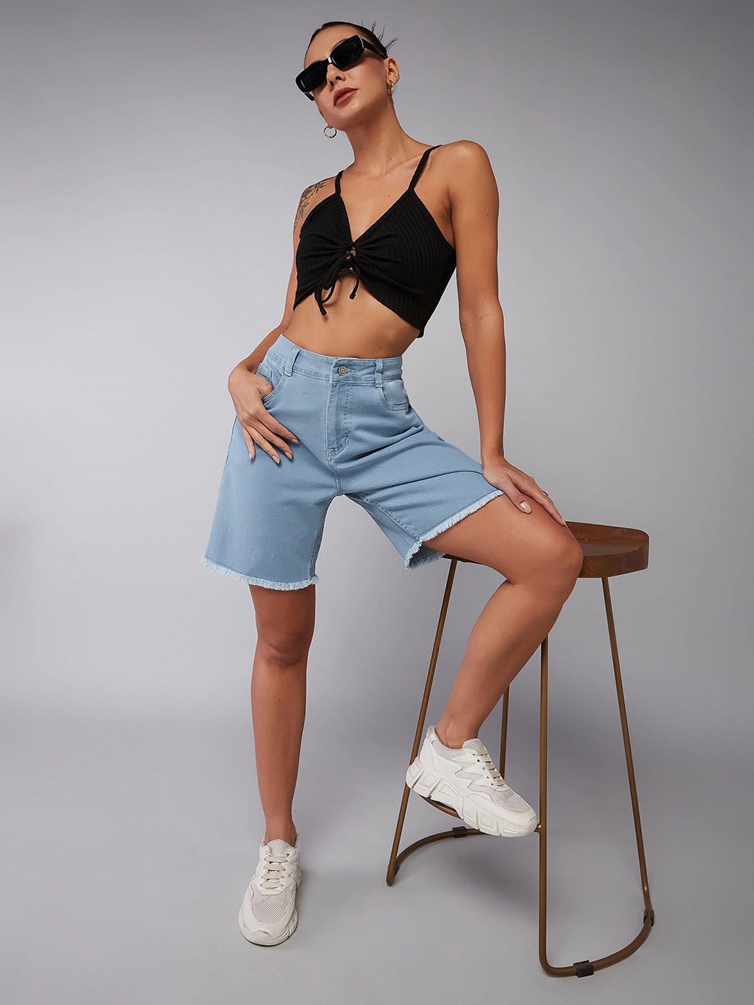 DOLCE CRUDO Light Blue Denim Regular Fit High Rise Shorts