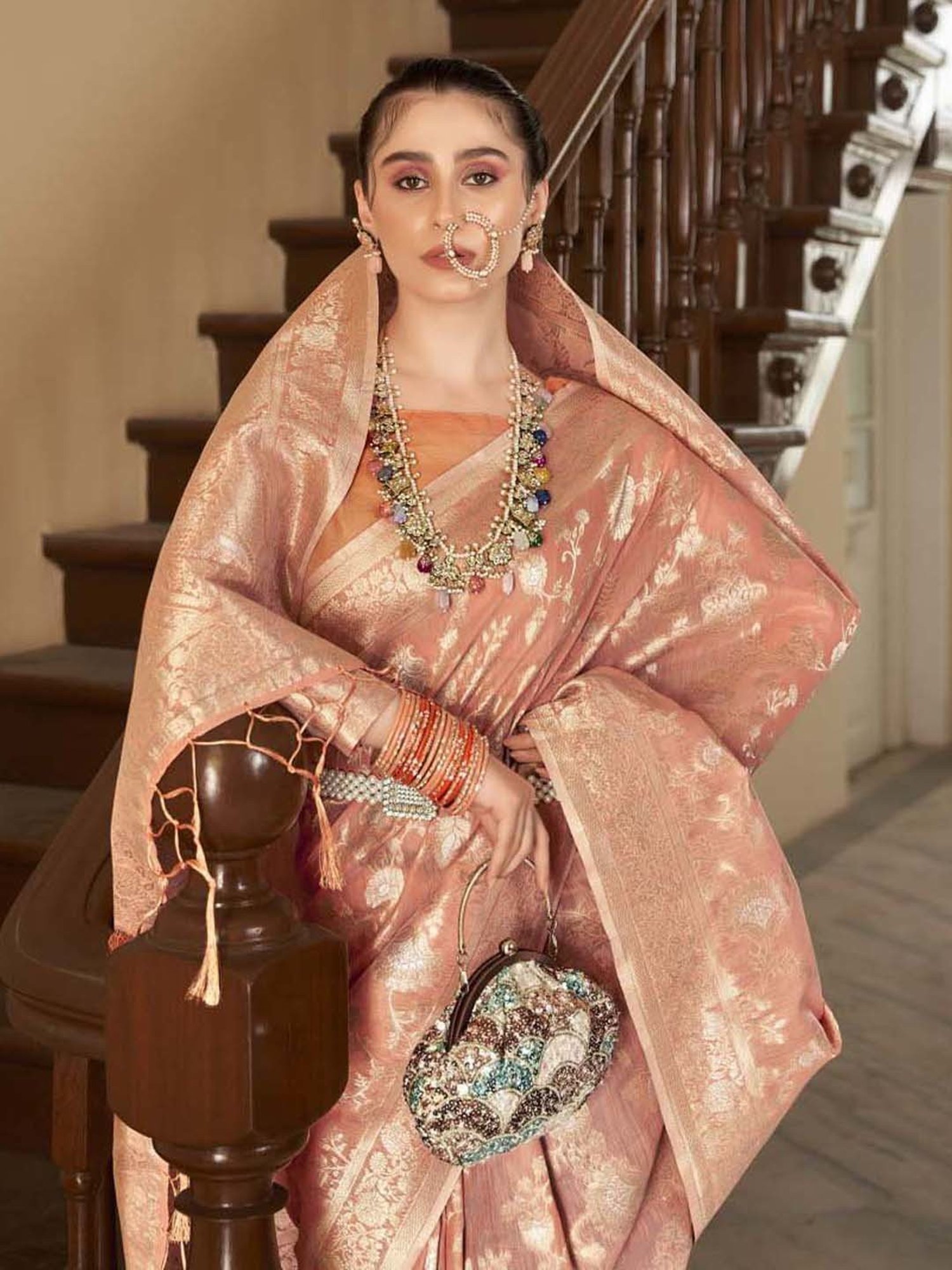 Elora Peach Silk Woven Saree With Unstitched Blouse