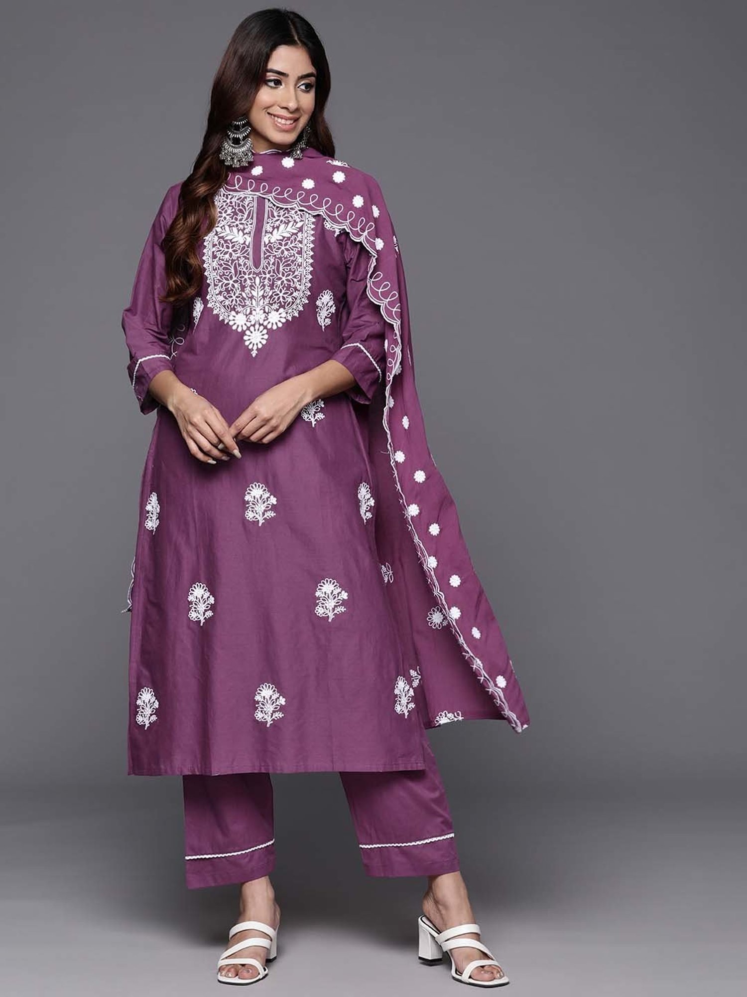 Varanga Purple Cotton Embroidered Kurta Pant Set With Dupatta
