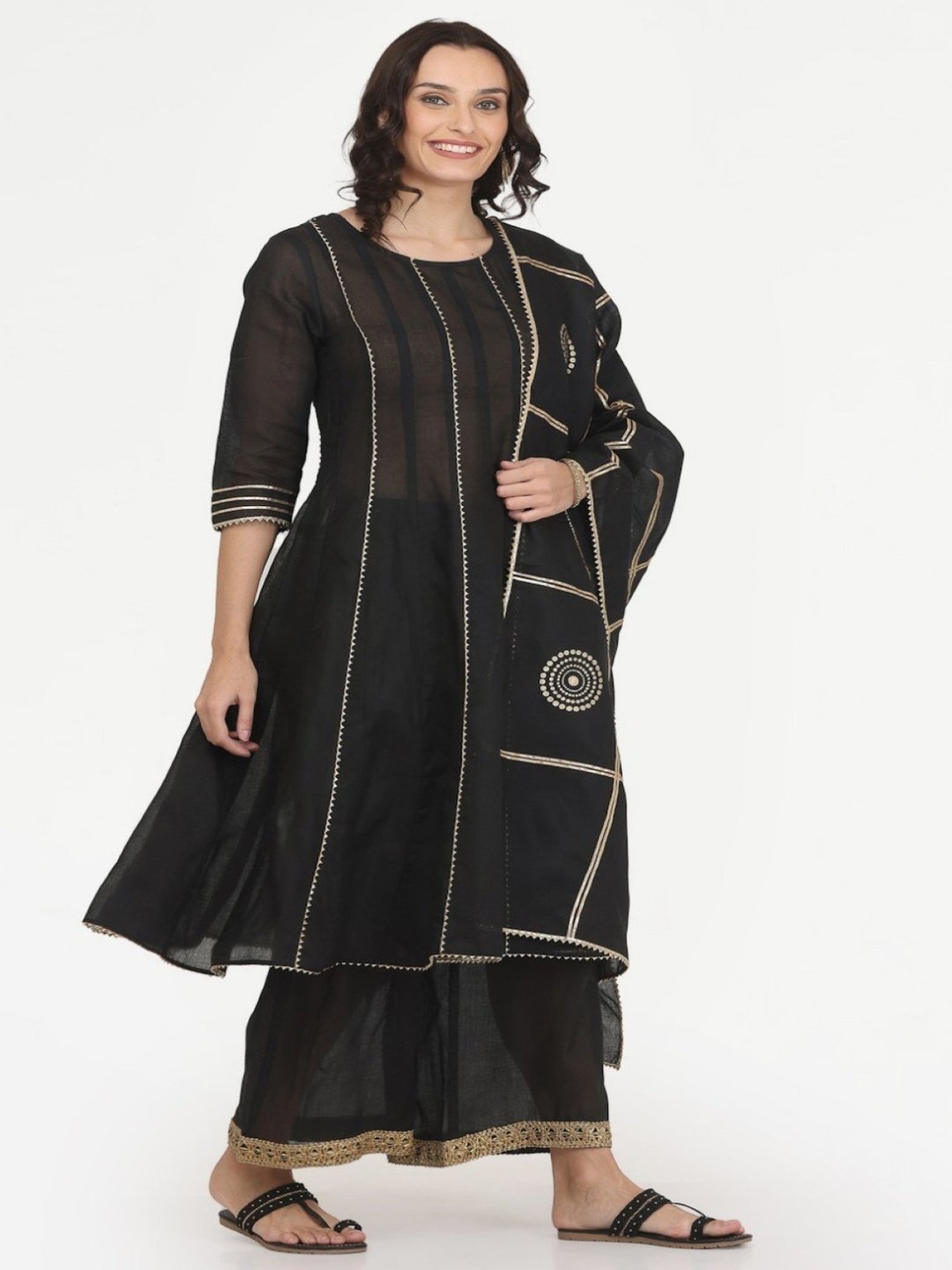Kaanchie Nanggia Black Gota Work Kurta Pant with Printed Duatta