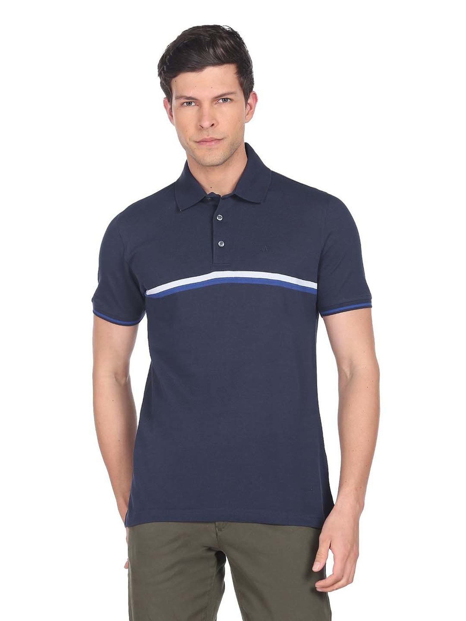 Arrow Navy Regular Fit Striped Cotton Polo T-Shirt