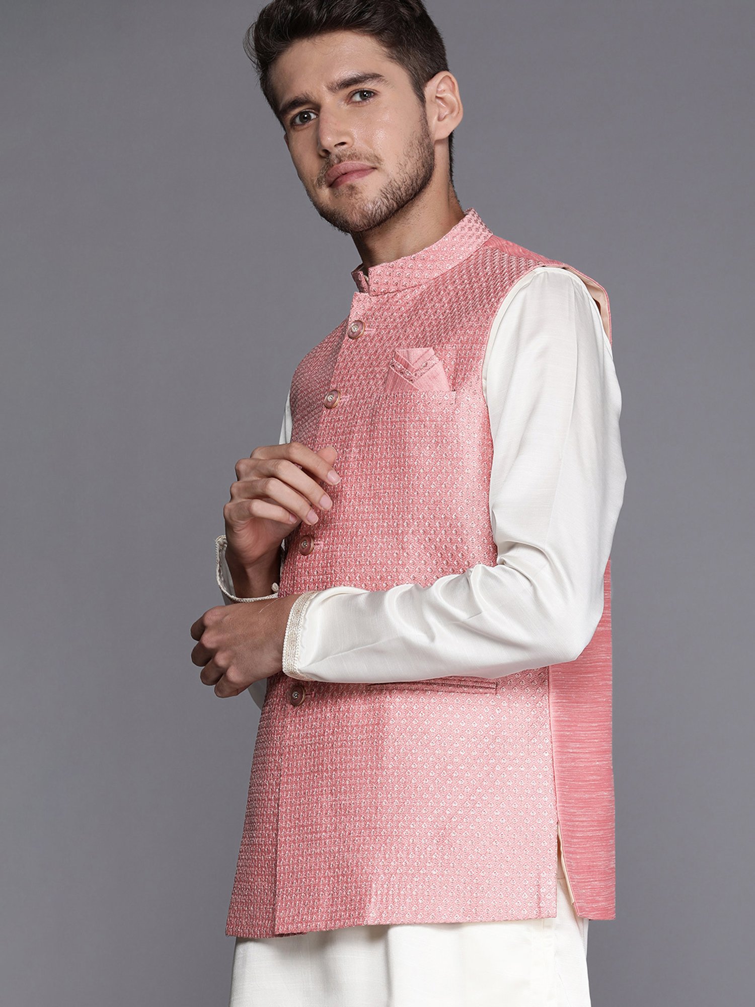 Manyavar Peach Regular Fit Self Design Nehru Jacket