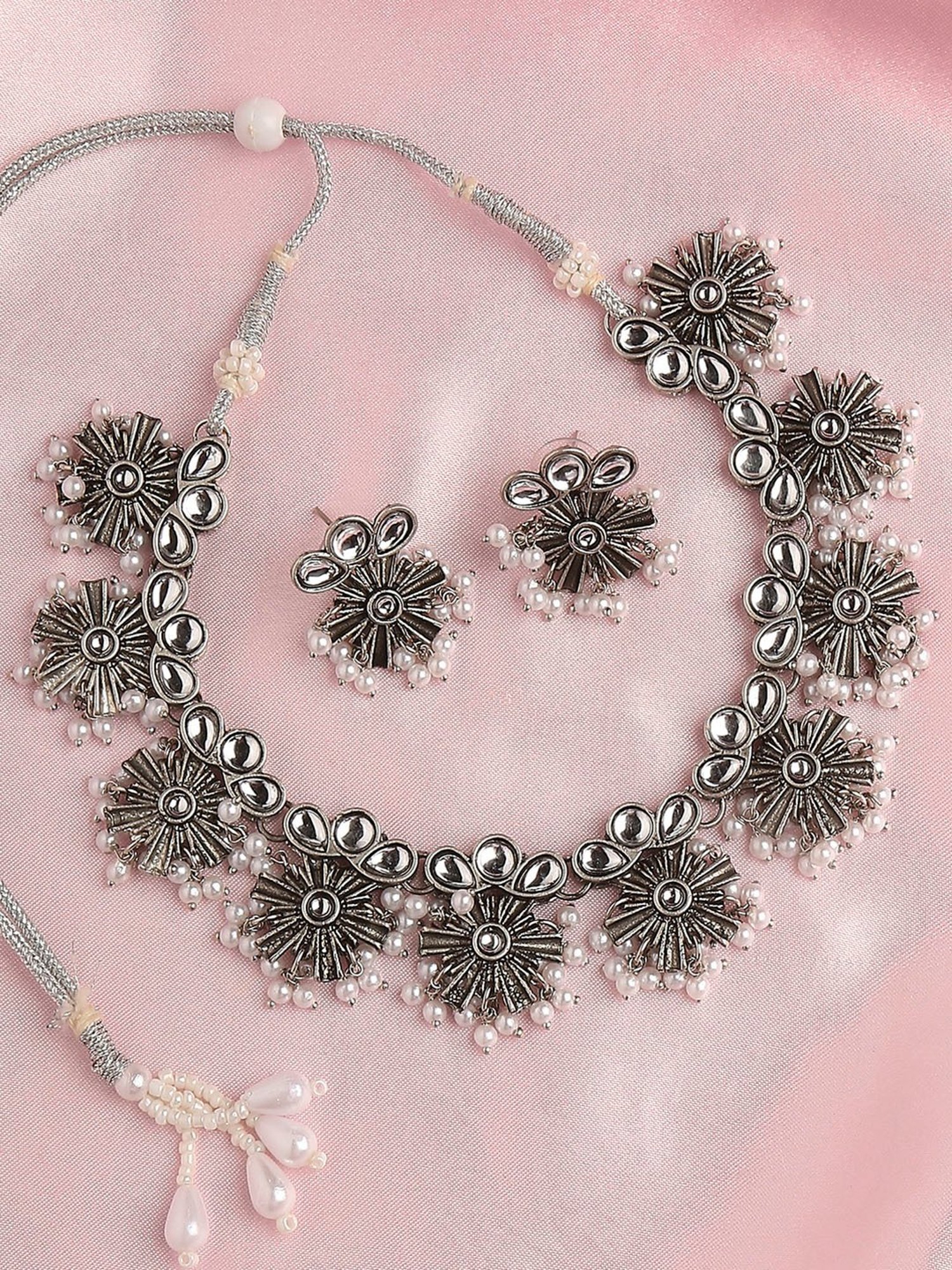 OOMPH Oxidized Silver Tone Kundan & Pearls Floral Choker Necklace Set with Drop Earrings