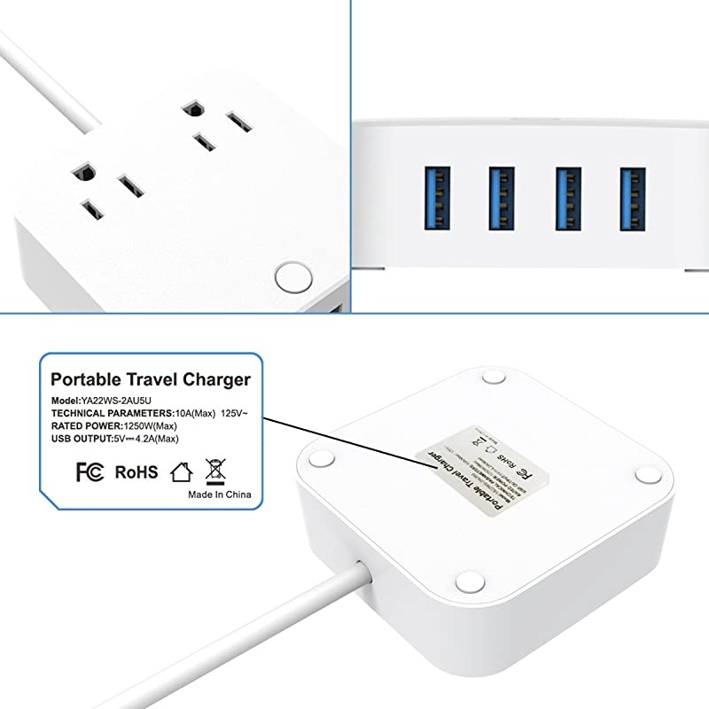 Strip Surge Protector with TypeC Charging Port 5V3A 4 USB Ports 5V24A Portable Travel Charger Station 4ft Heavy Duty Extension Cord USB C Not for Laptops