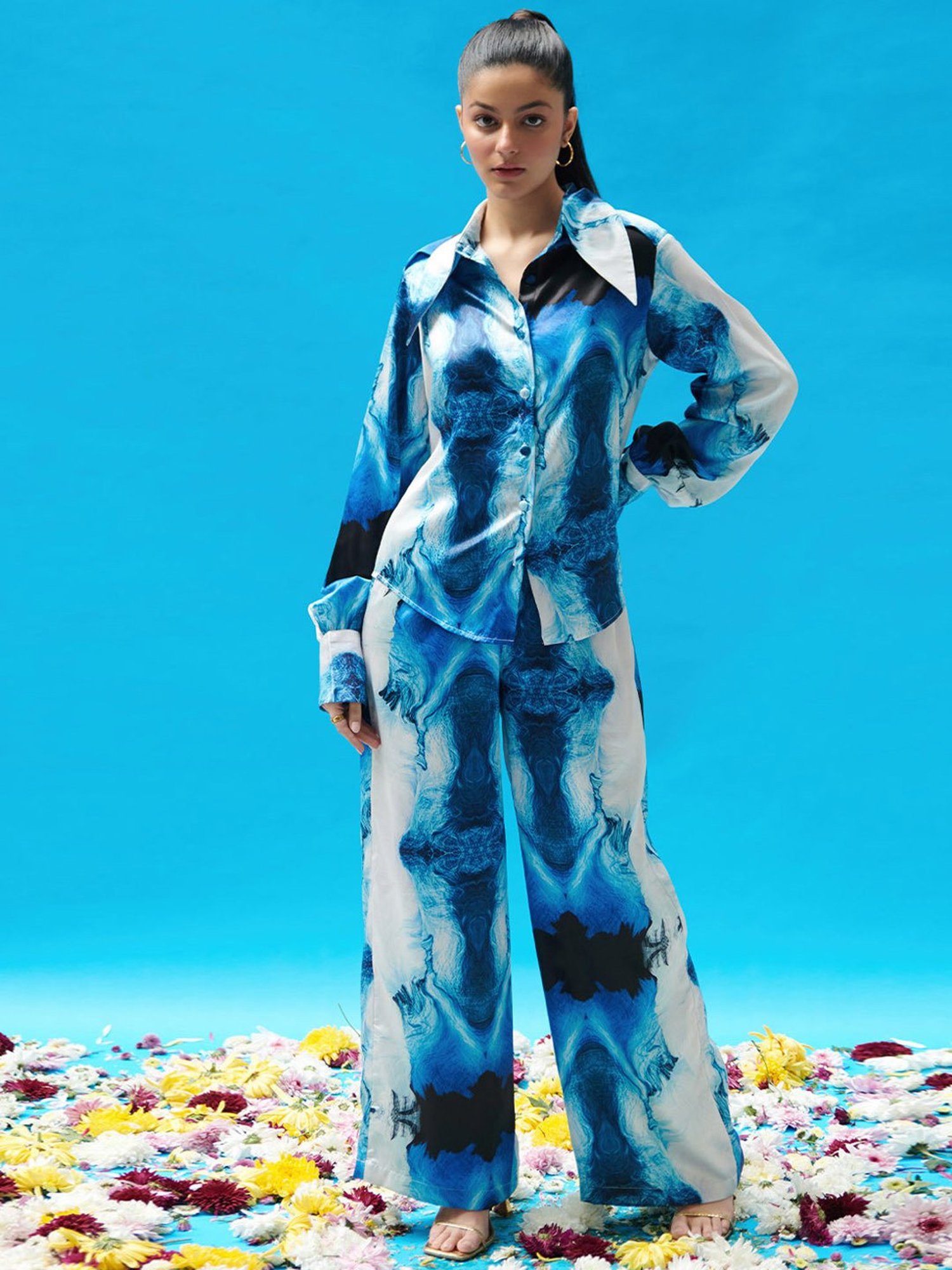 Cin Cin Blue Wave Printed Satin Coord Set