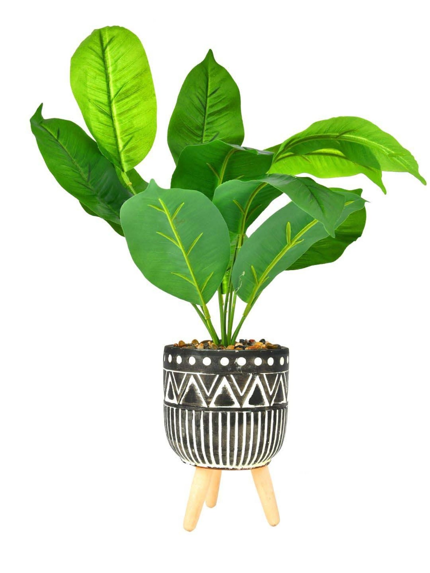 Tayhaa Black & Green Ceramic Faux Leaf Plant With Tribal Planter
