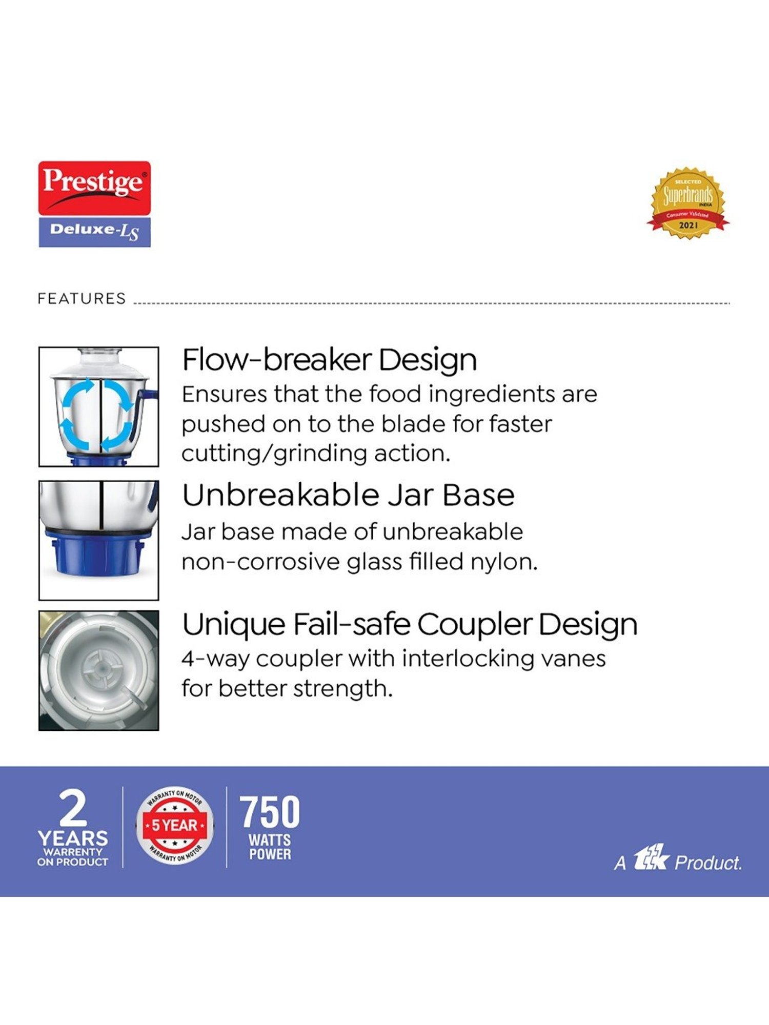 Prestige Deluxe LS Blue 750W Mixer Grinder with 3 Stainless Steel Jars