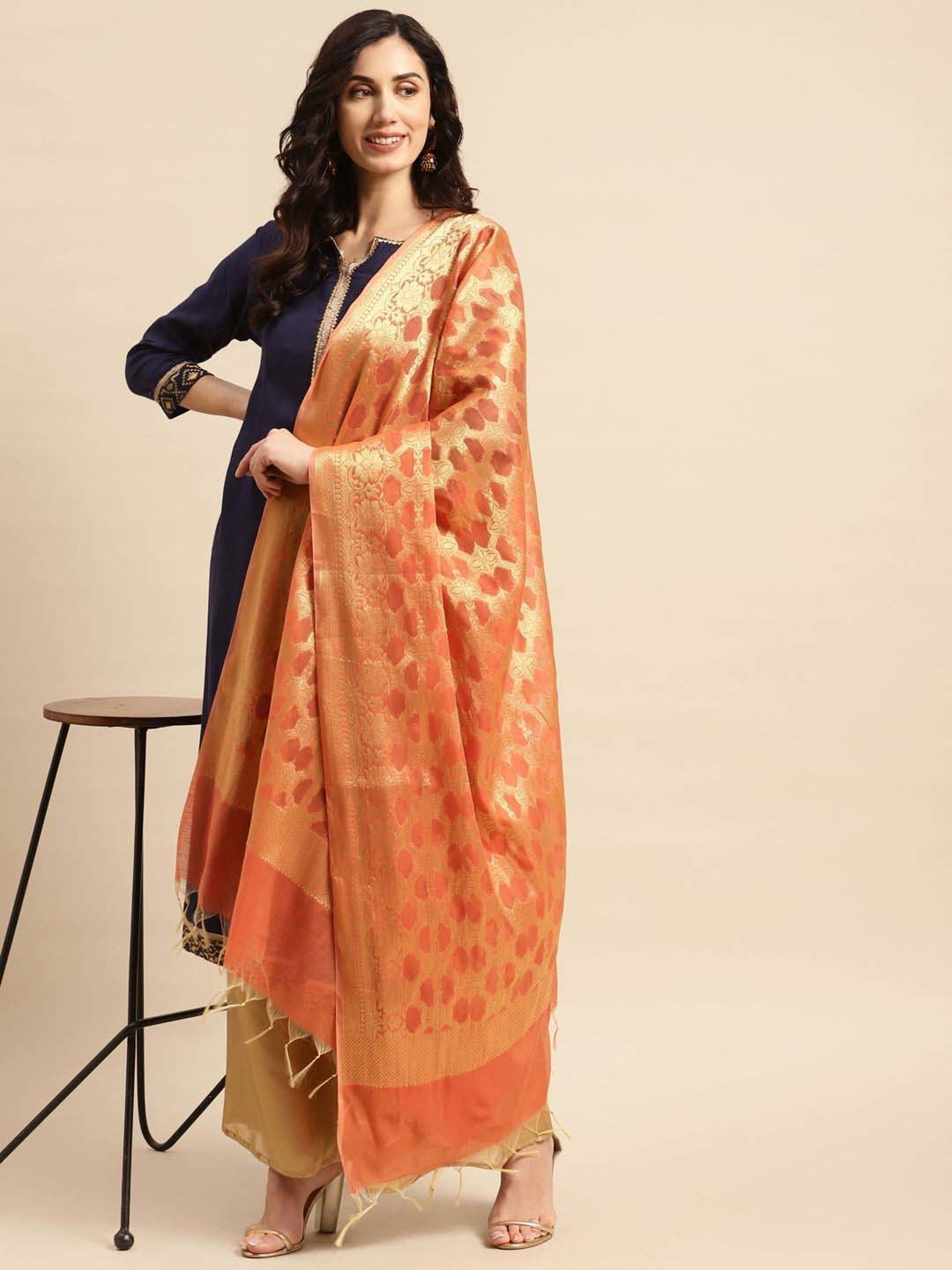 Banarasi Style Peach Cotton Woven Pattern Dupatta