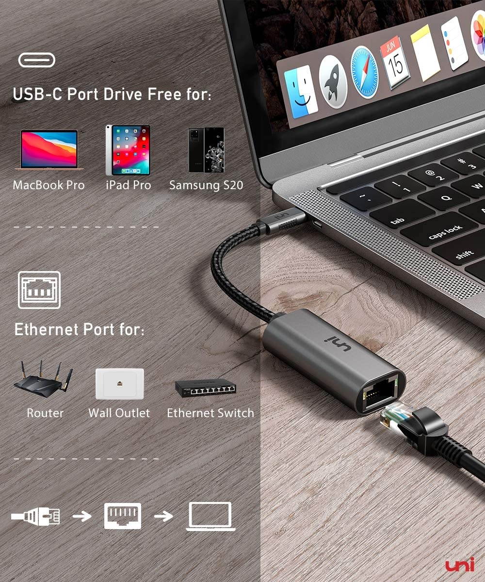 USB C to Ethernet Adapter uni RJ45 to USB C Thunderbolt 3/Type-C Gigabit Ethernet LAN Network Adapter Compatible for MacBook Pro 2020/2019/2018/2017 MacBook Air Dell XPS and More - Gray